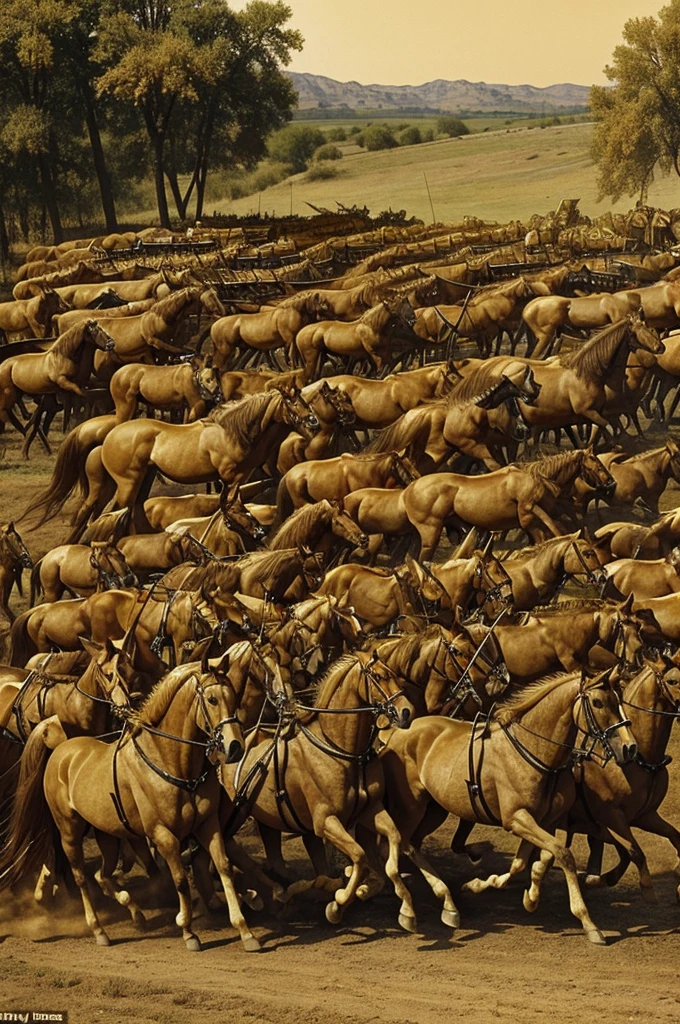 Locust-like horses and horses prepared for war; on their heads they had like crowns of gold; their faces were like human faces; they had long hair ; His teeth were like lions'; They had iron armor; The noise of their wings was like the roar of many horse chariots rushing into battle.;They had tails like scorpions