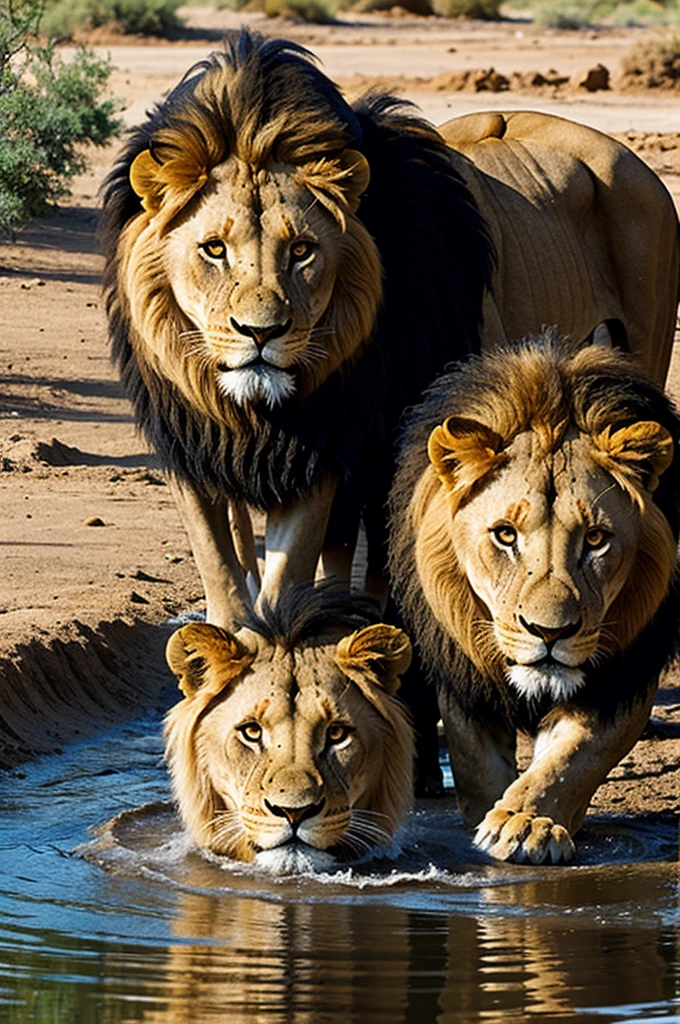A lion at a watering hole