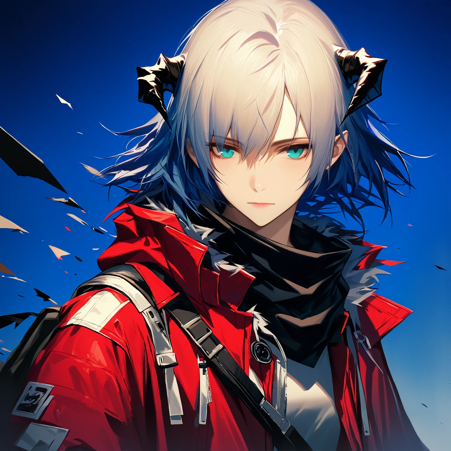 (woman), ((Mostima from arknights)), masterpiece, best quality, blue hair, ((short hair)), horns, plain white shirt, red fullbody coat, dark blue eyes, realistic anime style, faint smile, ((portrait)), black gloves, carring a bag.