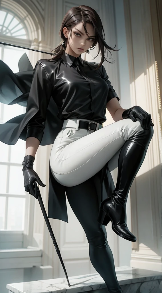 score_9, score_8_up, score_7_up, rating_explicit, Expressiveh, best quality, masterpiece, highly detailed, (highest resolution, distinct_image), a woman, solo, semi realistic, brown hair, bangs, 23 years old, (large breasts:0.5),mature, young, tall strong, (plain and simple uniform), (plain minimalist military uniform), (luxury hotel room background:1.2), cold, serious, tall, handsome, autocratic, powerful, demi-god, exquisite facial features, exquisite facial features, (full body), (black knee-high boots:1.4), (dominatrix:1), (white Yoga pants:1.3), (black leather gloves:1.5), (black active sportswear shirt), (samus), solo, 1girl, (looking at viewer), (from below:1.1), (head turned upwards:0.3), (smiling:0.4), (bodysuit:0.1), (holding riding crop:1.2), (muscular:0.85), (black belt:1.3), (shirt tucked in pants), (standing on ground), (marble floor), (mean:0.4), (seductive:0.5), (evil:0.6), detailed, (tall face:0.25), (abs:0.4), (slender:0.5), (bdsm Equipment), (Pale eyes), (throne)