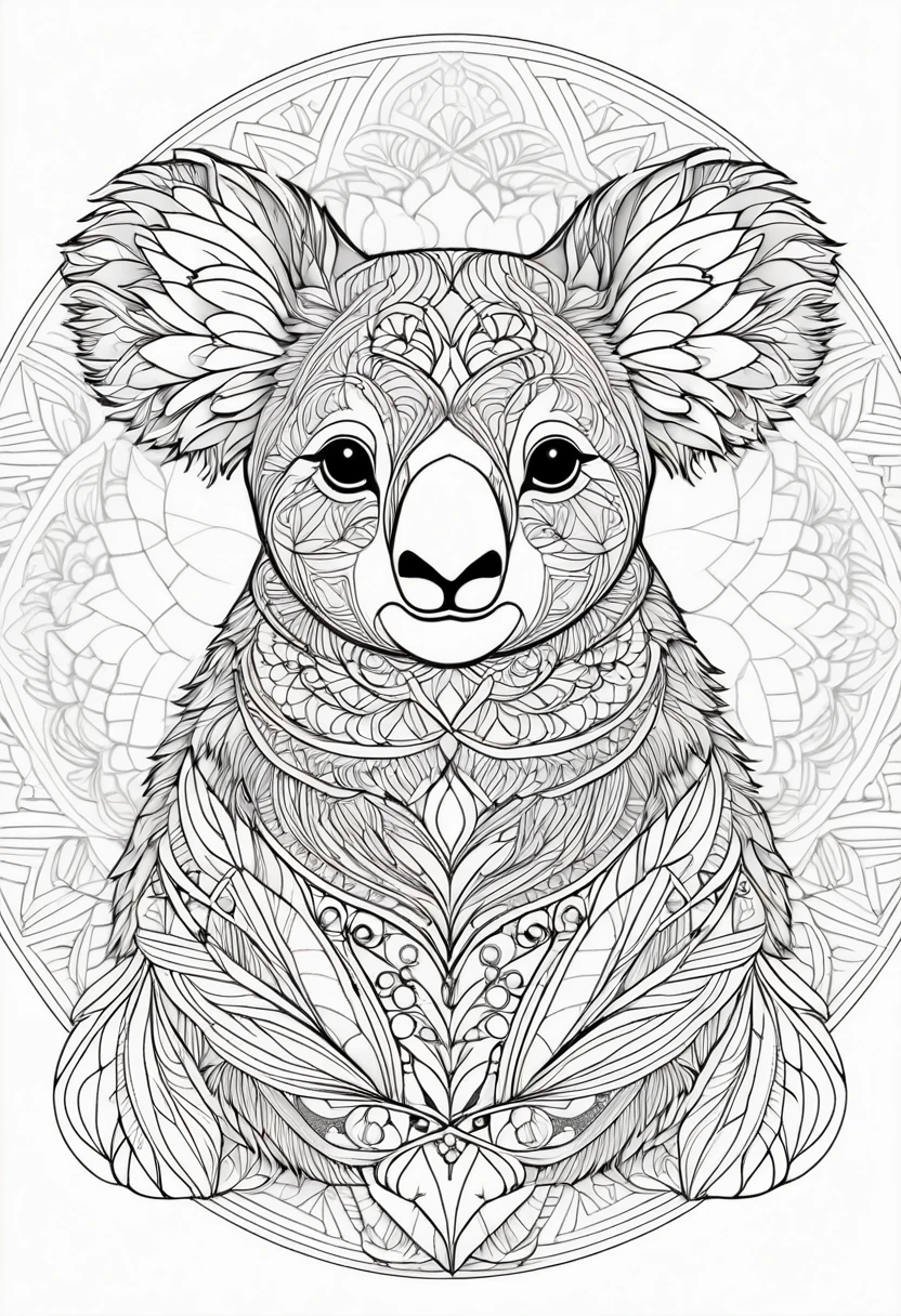 A striking black and white line art coloring page designed for adults with white background, featuring a majestic Koala in a mandala-inspired style. The Koala is adorned with intricate patterns that include floral and geometric designs, making it an engaging and detailed work of art. The illustration focuses on crisp, clean lines and bold outlines, without any shading or color, allowing the user to bring their own vibrancy to the piece. The minimalistic design, with its thick lines and absence of background details, creates a soothing coloring experience for adults seeking calming and creative activities. illustration