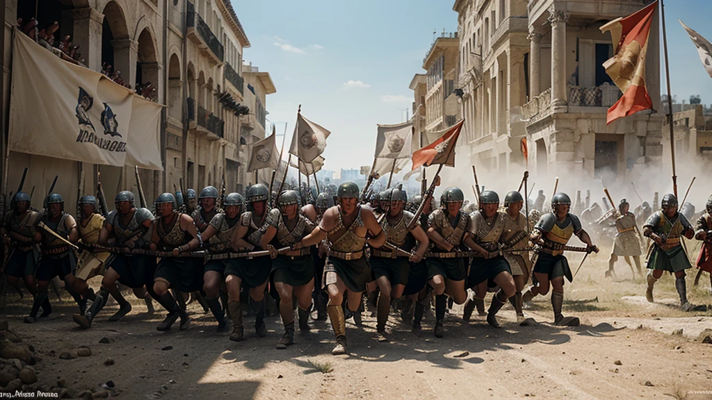 A depiction of the epic Battle of Pharsalus, with Julius Caesar's legions clashing with Pompey's forces. The image is meant to capture the chaos and intensity of the battle, with Roman soldiers in formation, banners flying in the wind, and Caesar leading his troops with determination.