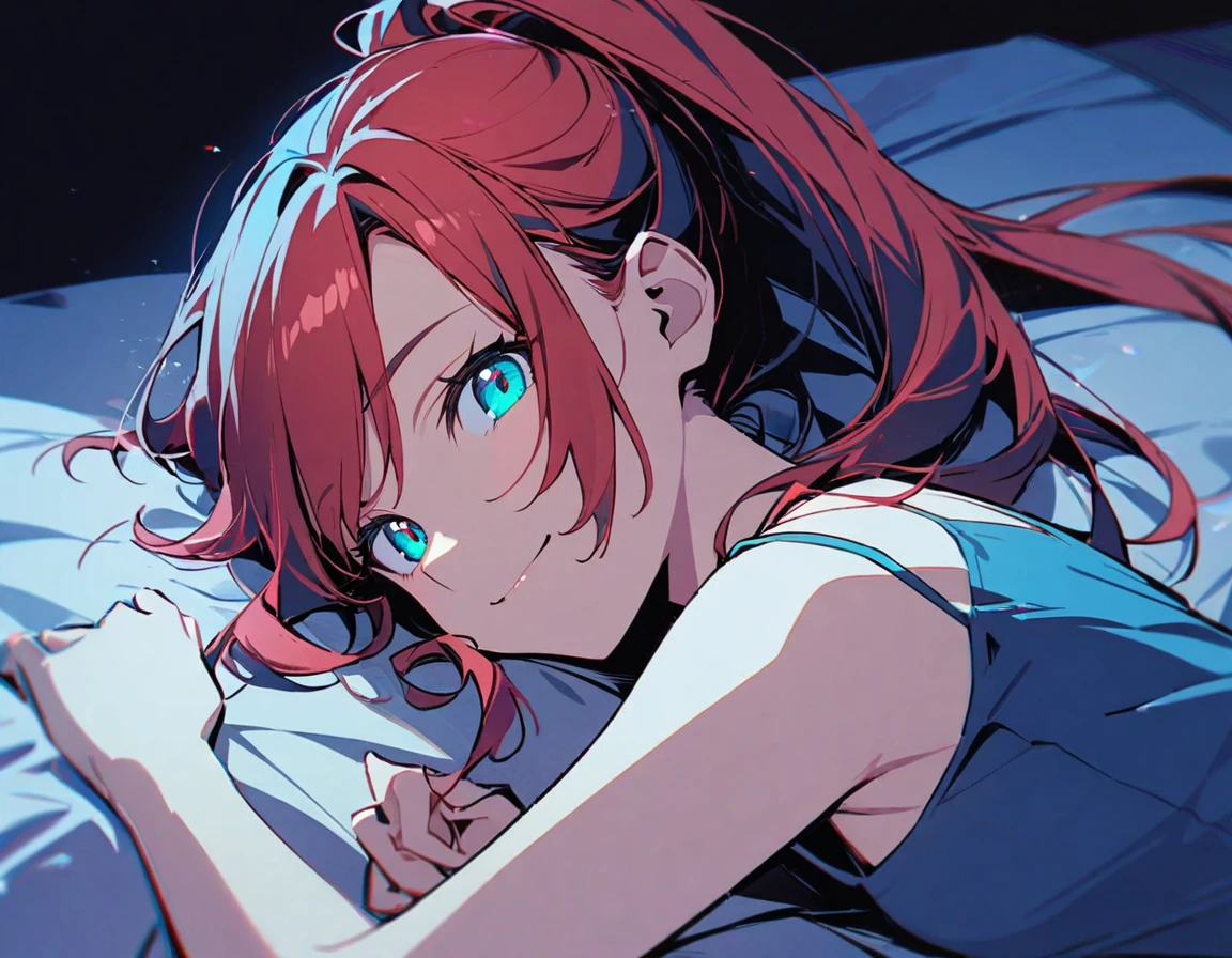 1girl,deep orangered ponytail hair,turquoise eyes,small breasts,smile,upper body,camisole,lying on bed,laying on one side,side view,looking at viewer,upper body,midnight,blue theme