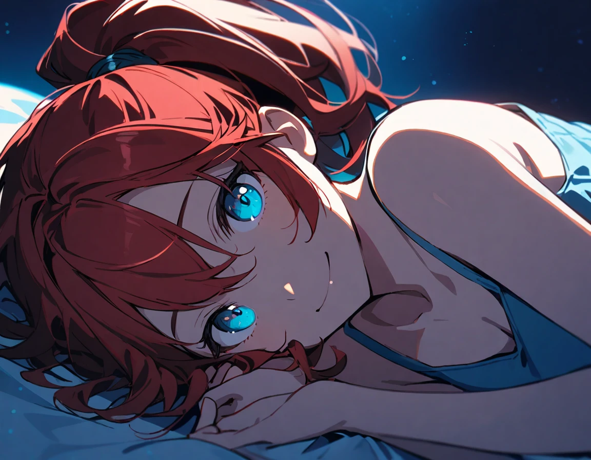 1girl,deep orangered ponytail hair,turquoise eyes,small breasts,smile,upper body,camisole,lying on bed,laying on one side,side view,looking at viewer,upper body,midnight,blue theme