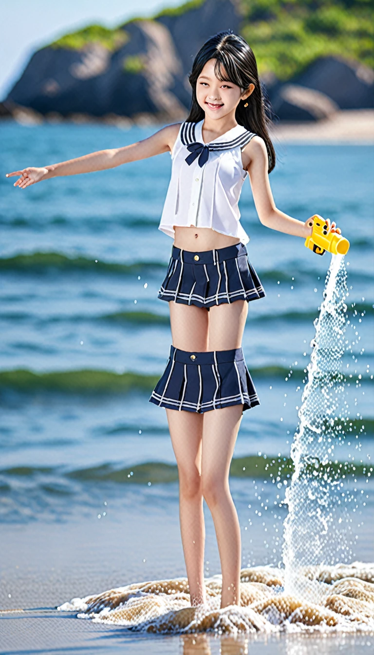 Highest quality、masterpiece、beautiful、detailed、Year: 12、Black hair twin-tailed female elementary school student、Height: 140cm、beach、Pouring sunlight、Dynamic pose、Spraying water with a water gun、Angle from below、smile、Slim figure、Soaking wet、erectile nipples、open vagina、pussy、hyperRealistic