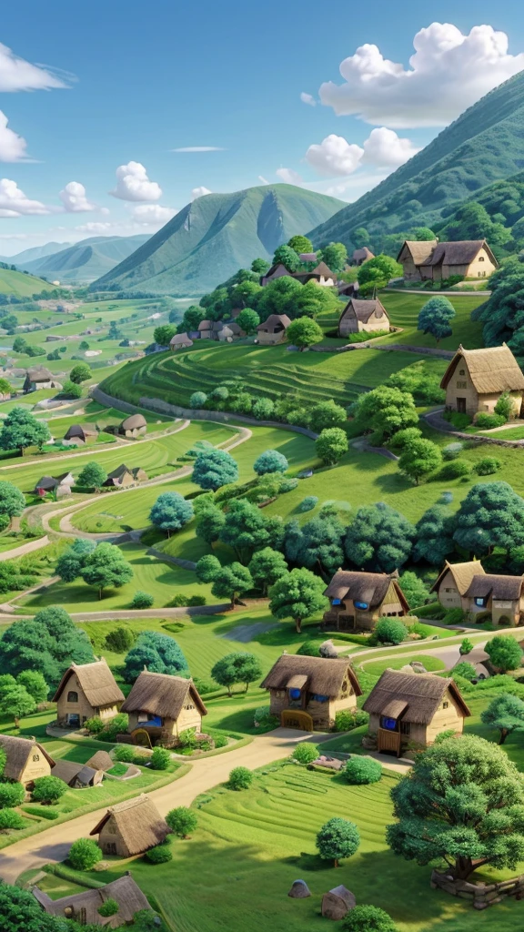 A quaint village surrounded by lush green hills, featuring stone houses with thatched roofs under a bright blue sky, evoking a sense of peace and harmony, HD, 4K, HIGH RESOLUTION