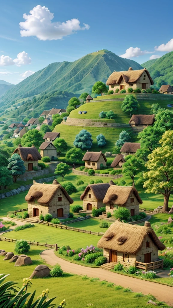 A quaint village surrounded by lush green hills, featuring stone houses with thatched roofs under a bright blue sky, evoking a sense of peace and harmony, HD, 4K, HIGH RESOLUTION