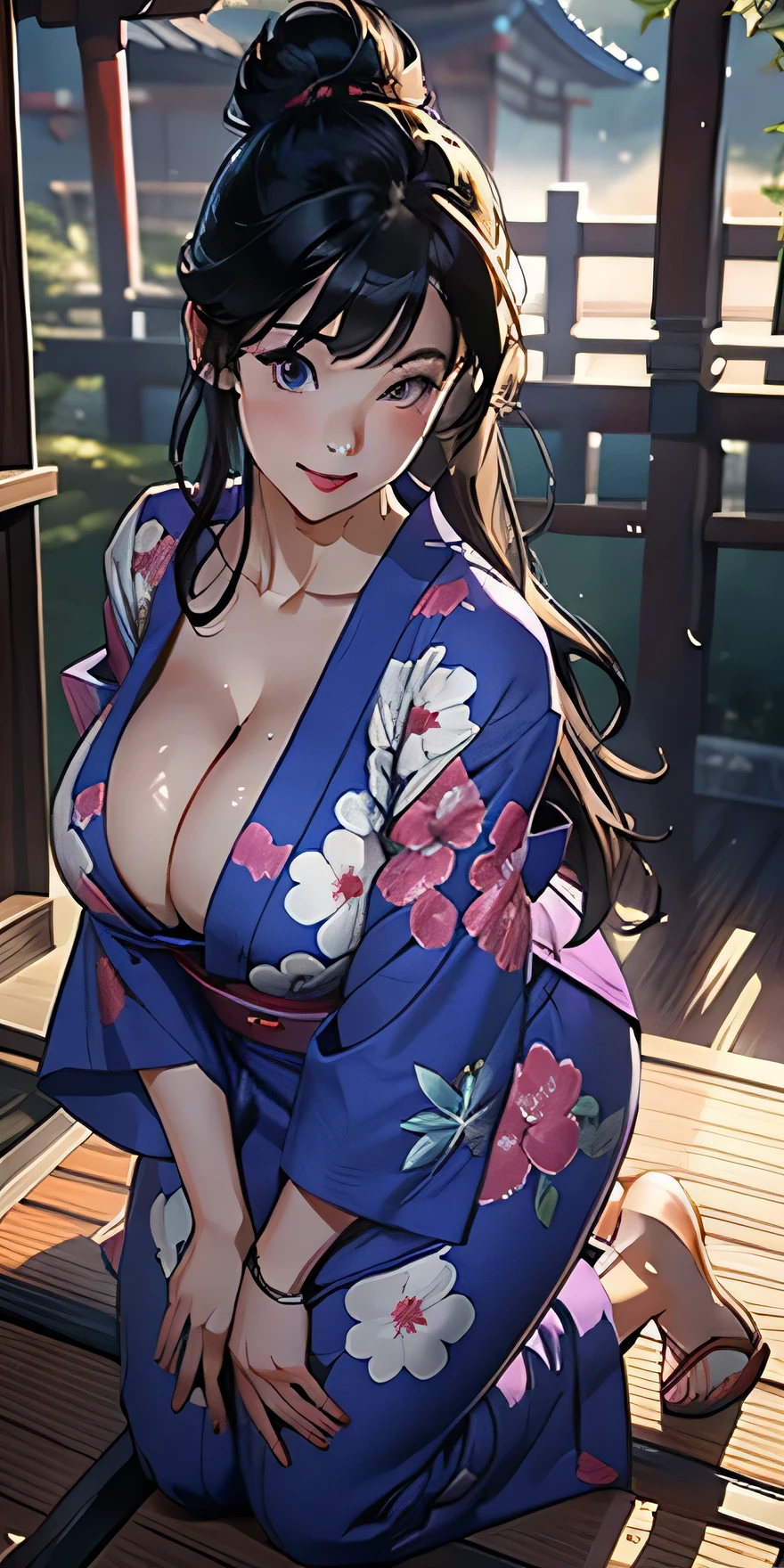 realistically、Full body contact looking up from below the ground、rear view、My thighs are also getting a little thicker、25 year old girl with accentuated thighs、Wearing a purple yukata、Breast augmentation and emphasis on cleavage、Versatile sensual poses、smile face、Japanese hot spring town Inakamachi、Emphasis on shading the chest contour