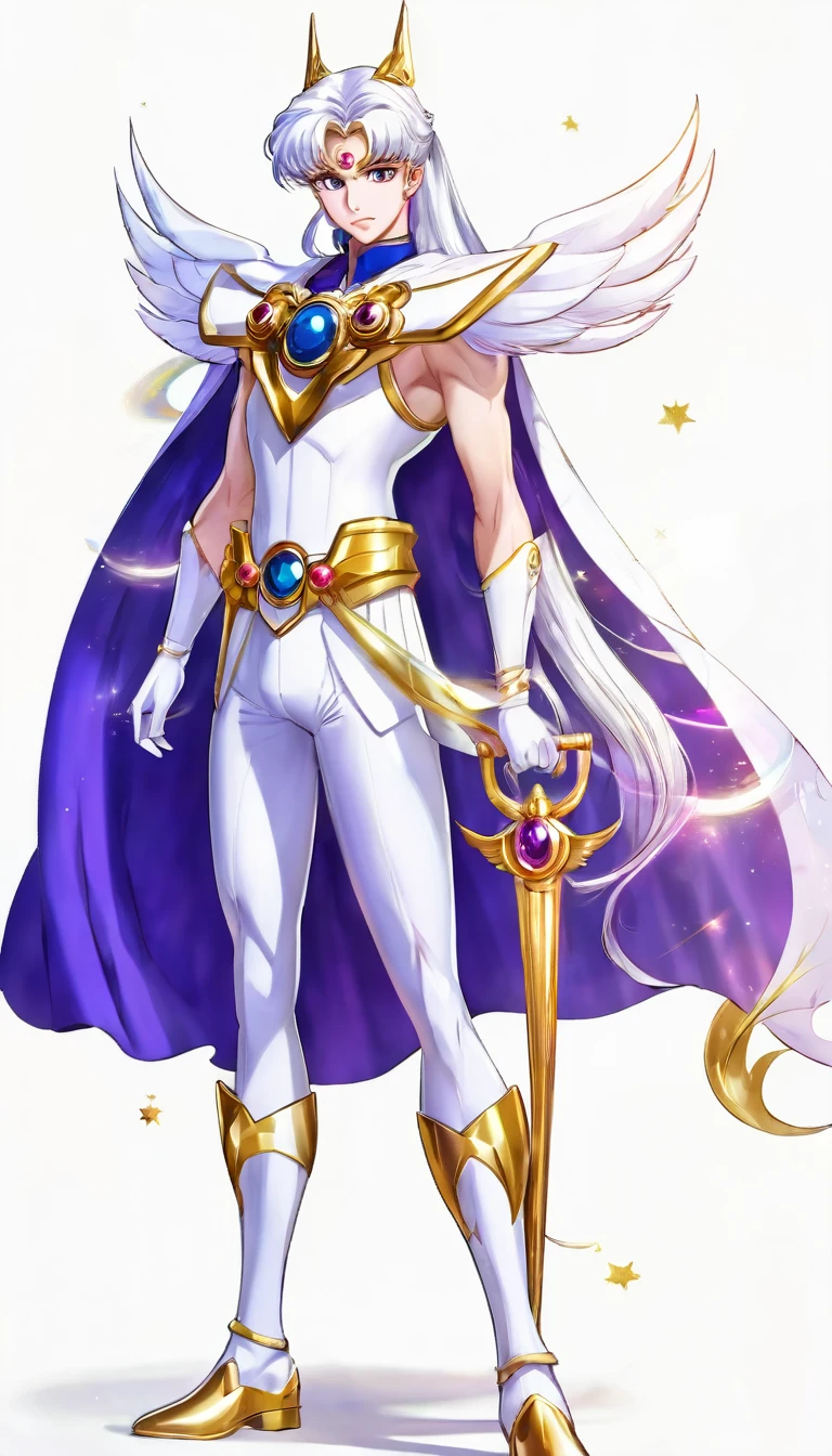 (absurdres, highres, ultra detailed, HDR), masterpiece, best quality, "Sailor moon guardians" Character handsome boy in white and purple outfit, long down pony tail hair, wearing lon white cape, white hair, white top with gold lines, white pants with white bots, in hands universe moon whit wings scepter, long scepter, in his forehead gold moon symbol, White gloves up to his elbows, whit full body, realistic picture,