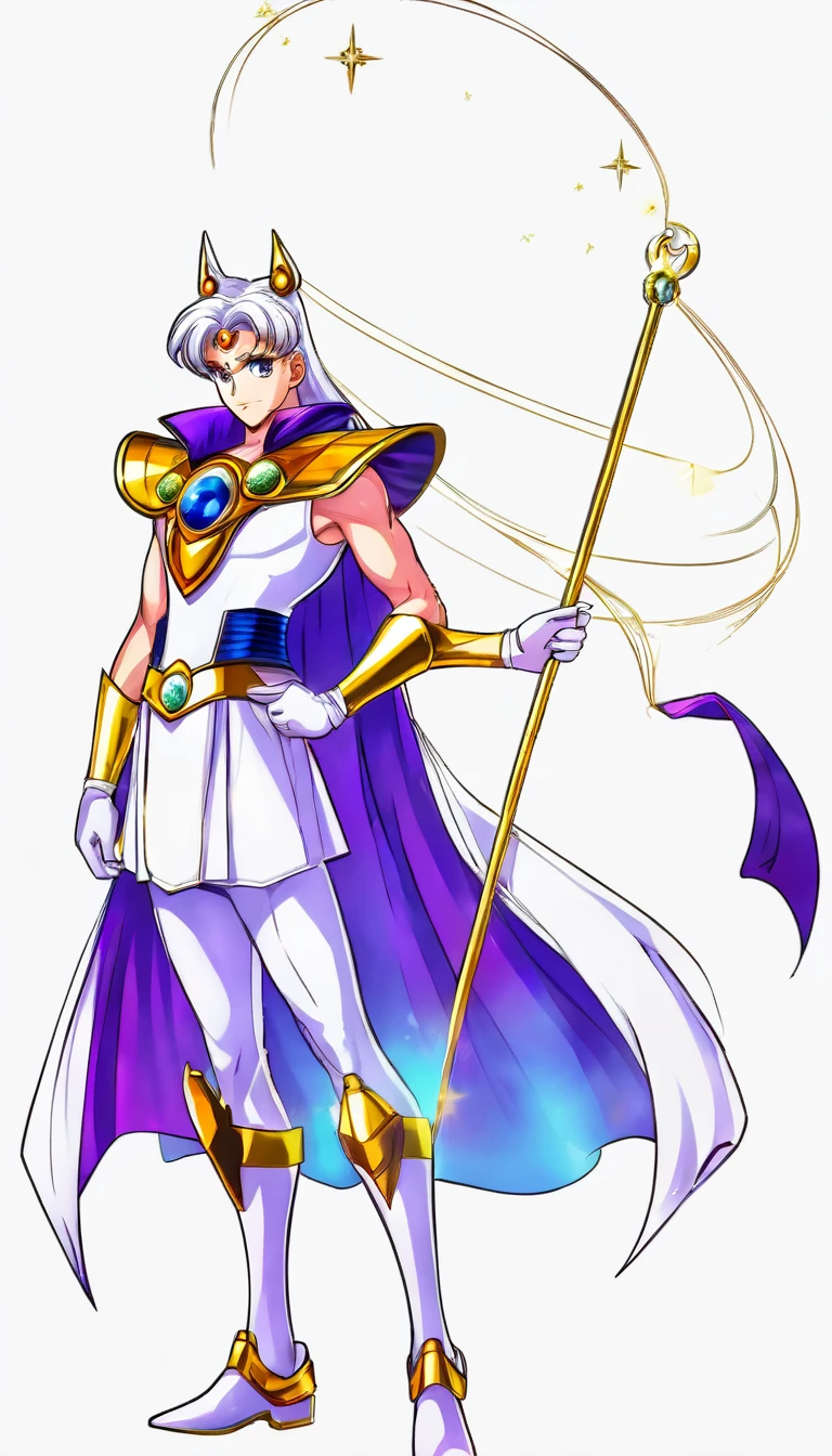 (absurdres, highres, ultra detailed, HDR), masterpiece, best quality, "Sailor moon guardians" Character handsome boy in white and purple outfit, long down pony tail hair, wearing lon white cape, white hair, white top with gold lines, white pants with white bots, in hands universe moon whit wings scepter, long scepter, in his forehead gold moon symbol, White gloves up to his elbows, whit full body, realistic picture, 