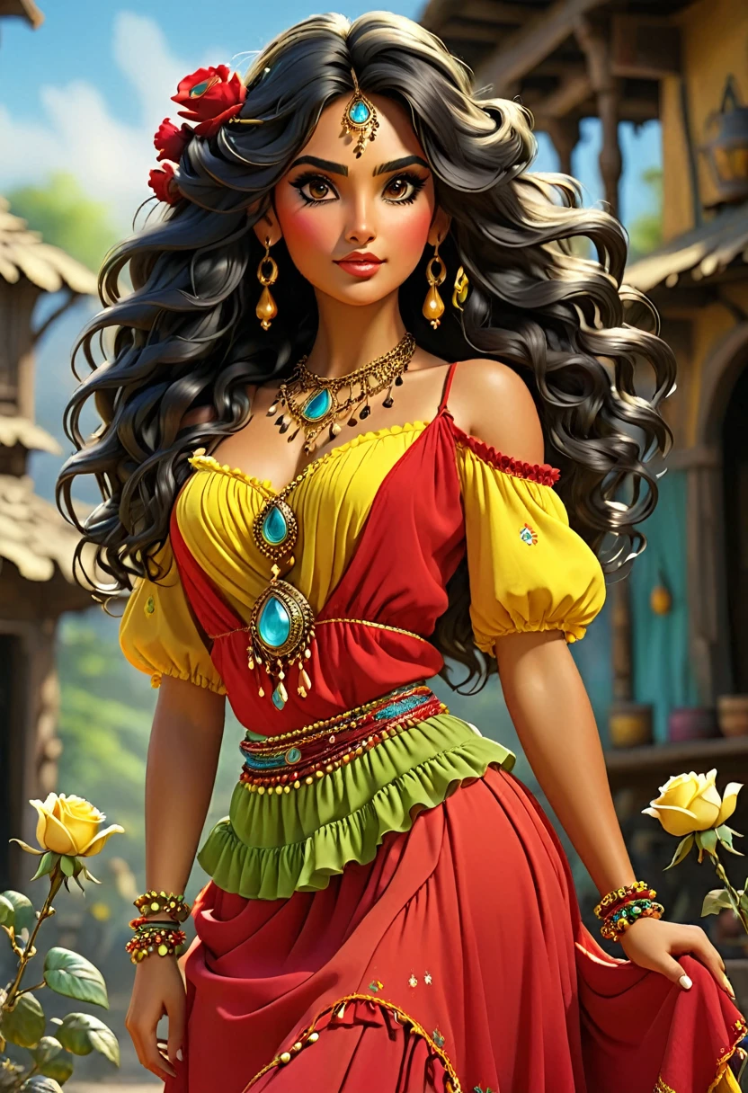 ((Shulamite gypsy )) millions of yellow and red roses , Stands tall and shows off your perfect figure at all times covers your entire body Dresses in shades of red,doradas, yellow with a puffy blouse full of ruffles, gypsy scarf on the shoulders and a beautiful long colorful skirt, , Super beautiful, 8k realistic , ((black hair)), Golden-Brunette-Skin, black eyes, Ultra-realistic muscular body, Dress up in a magical gypsy outfit , with a magical and mystical touch, with slime hair , proto, inspired by Izzy Medrano, 3D 18K UHD., golden bracelets, , brincos doradass ,16K, elements: Terra 8K UHD SURREAL. Gypsy deck: Used for divination and spiritual guidance,colorful scarves: Represent magic and protection, incense: For purification and connection with the spiritual plane, Stones and Jewels: Have specific energies.
Colorful Clothing: Gypsy skirts are magical working instruments. UHD 18K.