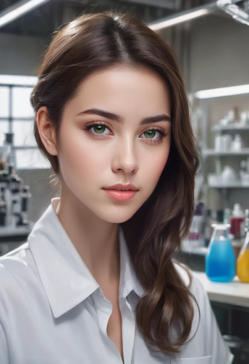 beautiful girl with brown hair, blue jeans, green shirt, detailed face, beautiful eyes, detailed lips, long eyelashes, natural lighting, photorealistic, highly detailed, cinematic lighting, intricate details, vibrant colors, realistic skin textures, clean crisp edges, sharp focus, studio lighting, 8k, dslr quality, portrait photography, digital painting
