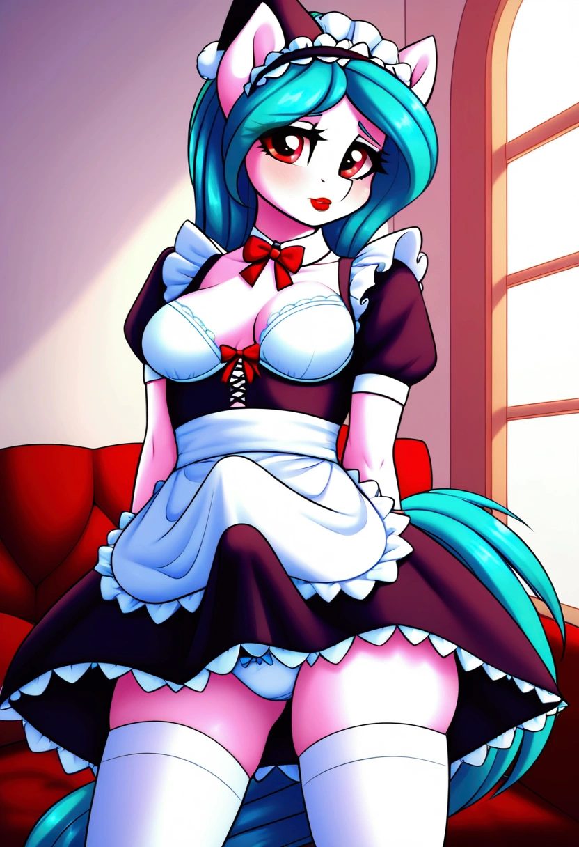 (My little pony), anthro, ((turquoise to white hair gradient)), white body, red eyes, medium breasts, red lips, perfect lines, beautiful quality, room, ((very shy pose)), ((maid costume)), mage hat, radiant light, white stockings, white panties under clothes, big ass, front view, white bra under clothes,