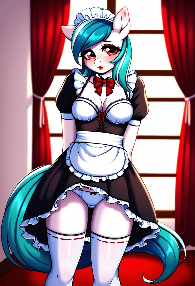 (My little pony), anthro, ((turquoise to white hair gradient)), white body, red eyes, medium breasts, red lips, perfect lines, beautiful quality, room, ((very shy pose)), ((maid costume)), mage hat, radiant light, white stockings, white panties under clothes, big ass, front view, white bra under clothes,