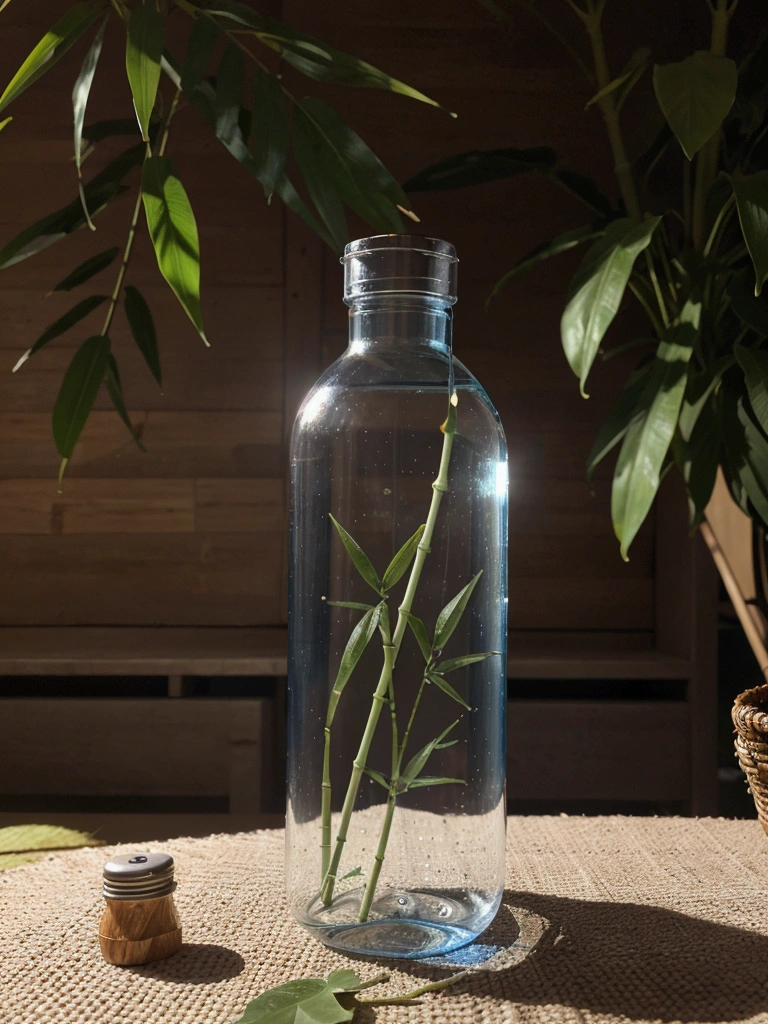 Generate a water bottle, should have a slight curve, similar to a hip, and be a little wider than usual. The bottle must be completely transparent. Fill the bottle with water, and also fill a similar glass of water. The bottle cap must have a bamboo straw integrated into one piece. On both sides of the bottle, place blue flowers and beautiful leaves in the background of the stage. Adjust the lighting to be hyper-realistic, with the light coming from the left side. Make sure everything appears to be in the same place at the same time. High quality image. Bring the camera closer to the bottle, make the bamboo lid with the Carrizo integrated into the design, give the bottle a rounded shape
