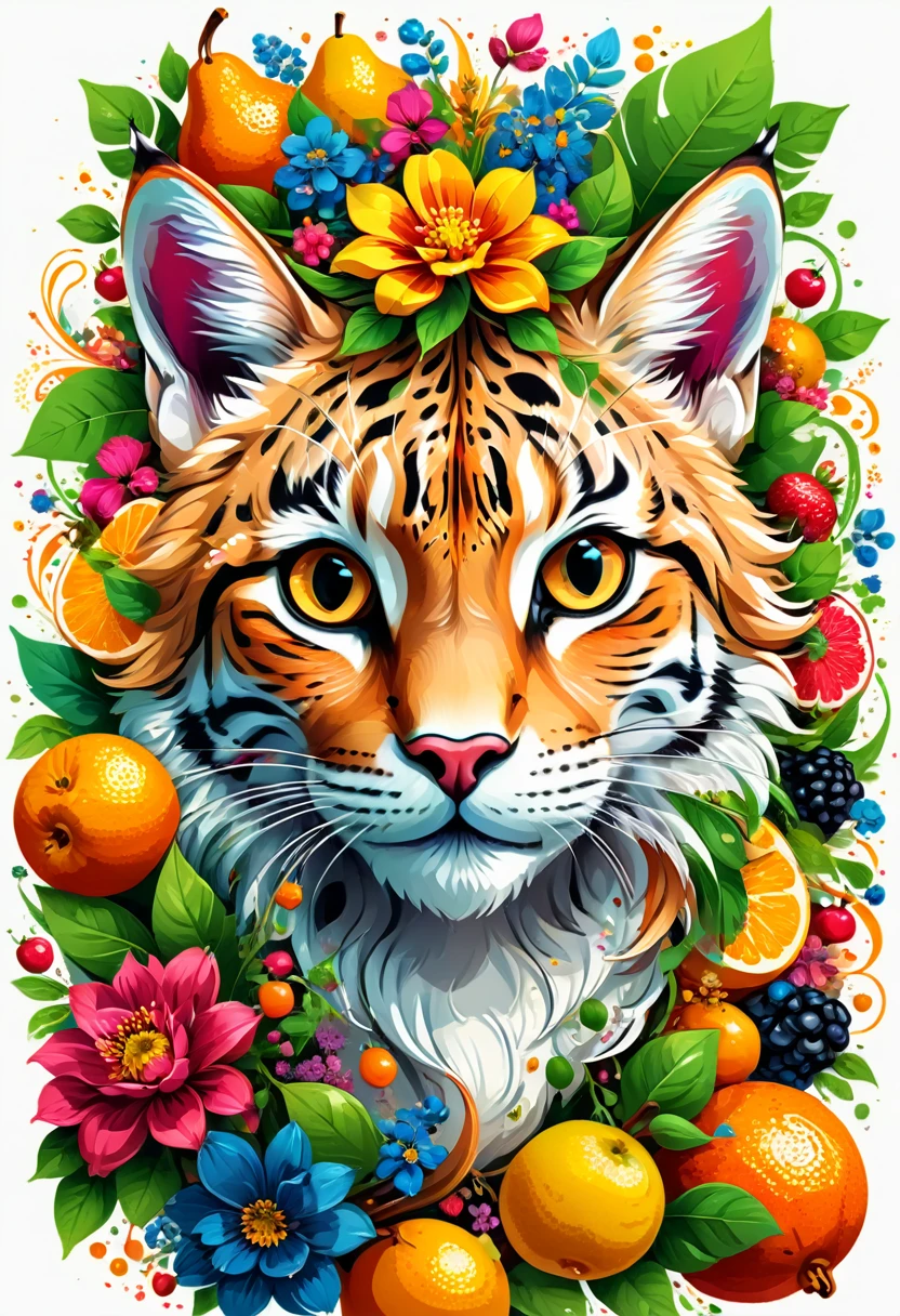 arte vetorial para  t shirt design, de uma ilustração colorida nobility girl whitehai,  little smiling lynx, At the center, swirly vibrant colors, flowers, fruits, high détail, background branco, t shirt design.
(work of art, UHD quality, details in 32k, proffesional, perfect composition, very aesthetic, absurdrez, super verbose, details Intricate:1.3)