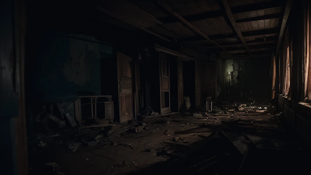 Ignoring the warnings of the elders, a group of teenagers ventured into the darkness, their hearts pounding in their chests. The air was heavy and damp, with a smell of mold and rotting wood. A silence hung in the air, broken only by the creaking of the floorboards beneath their feet. The scene should show the interior of a decrepit, haunted mansion with teenagers cautiously exploring, their faces illuminated by flashlights, with an eerie and suspenseful atmosphere.