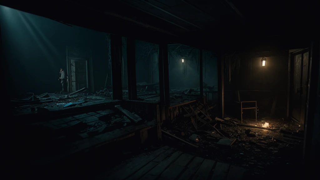 Ignoring the warnings of the elders, a group of agers ventured into the darkness, their hearts pounding in their chests. The air was heavy and damp, with a smell of mold and rotting wood. A silence hung in the air, broken only by the creaking of the floorboards beneath their feet. The scene should show the interior of a decrepit, haunted mansion with teens cautiously exploring, their faces illuminated by flashlights, with an eerie and suspenseful atmosphere.