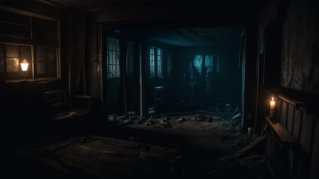 Ignoring the warnings of the elders, a group of teenagers ventured into the darkness, their hearts pounding in their chests. The air was heavy and damp, with a smell of mold and rotting wood. A silence hung in the air, broken only by the creaking of the floorboards beneath their feet. The scene should show the interior of a decrepit, haunted mansion with teenagers cautiously exploring, their faces illuminated by flashlights, with an eerie and suspenseful atmosphere.