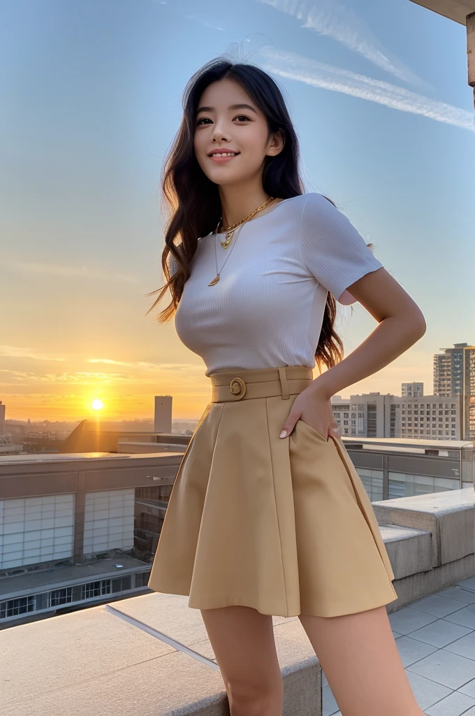 Rooftop of university building, 4th year university student, ((full body)), ((photo)), ((best qualtiy, 8K, tmasterpiece:1.3)), Focus:1.2, perfect figure beautiful girl:1.4, 1girl, cowboy shot, look at viewer, eyes facing the camera, incredibly absurd, beautiful and cute girl with a photorealistic face, showcasing top-quality craftsmanship, A Japanese girl watching the sunset on the roof of a university building, 19 years old, long, straight, silky black hair, fair skin, big eyes, thin eyebrows, double eyelids, long eyelashes, pink lips, smile, devilish smile, gorgeous features, well-defined facial features, beautiful face line, mysterious beauty, slender, tall, well-balanced proportions, large E-cup breasts, white shirt, tight black skirt, beige pumps, gold necklace and bracelet, small earrings, elegant ring, pretty girl, beauty, devilish type, pretty older sister, passionate about art, sociable, friendly, positive, has leadership skills, is proactive, is flexible, gets things done efficiently, works hard towards dreams and goals, March