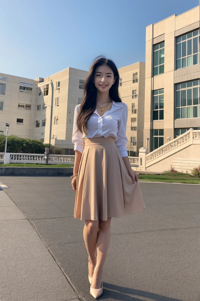 Rooftop of university building, 4th year university student, ((full body)), ((photo)), ((best qualtiy, 8K, tmasterpiece:1.3)), Focus:1.2, perfect figure beautiful girl:1.4, 1girl, cowboy shot, look at viewer, eyes facing the camera, incredibly absurd, beautiful and cute girl with a photorealistic face, showcasing top-quality craftsmanship, A Japanese girl watching the sunset on the roof of a university building, 19 years old, long, straight, silky black hair, fair skin, big eyes, thin eyebrows, double eyelids, long eyelashes, pink lips, smile, devilish smile, gorgeous features, well-defined facial features, beautiful face line, mysterious beauty, slender, tall, well-balanced proportions, large E-cup breasts, white shirt, tight black skirt, beige pumps, gold necklace and bracelet, small earrings, elegant ring, pretty girl, beauty, devilish type, pretty older sister, passionate about art, sociable, friendly, positive, has leadership skills, is proactive, is flexible, gets things done efficiently, works hard towards dreams and goals, March