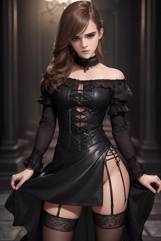Emma Watson, (best quality, 4k, 8k, highres, masterpiece:1.2), ultra-detailed, (realistic,photorealistic,photo-realistic:1.37), gorgeous light skin black woman, vampire, seductive gaze, elegant posture, gothic background, sensual beauty, gothic fashion, black gothic miniskirt, pantyhose, dark colors, moody lighting, full body pose
