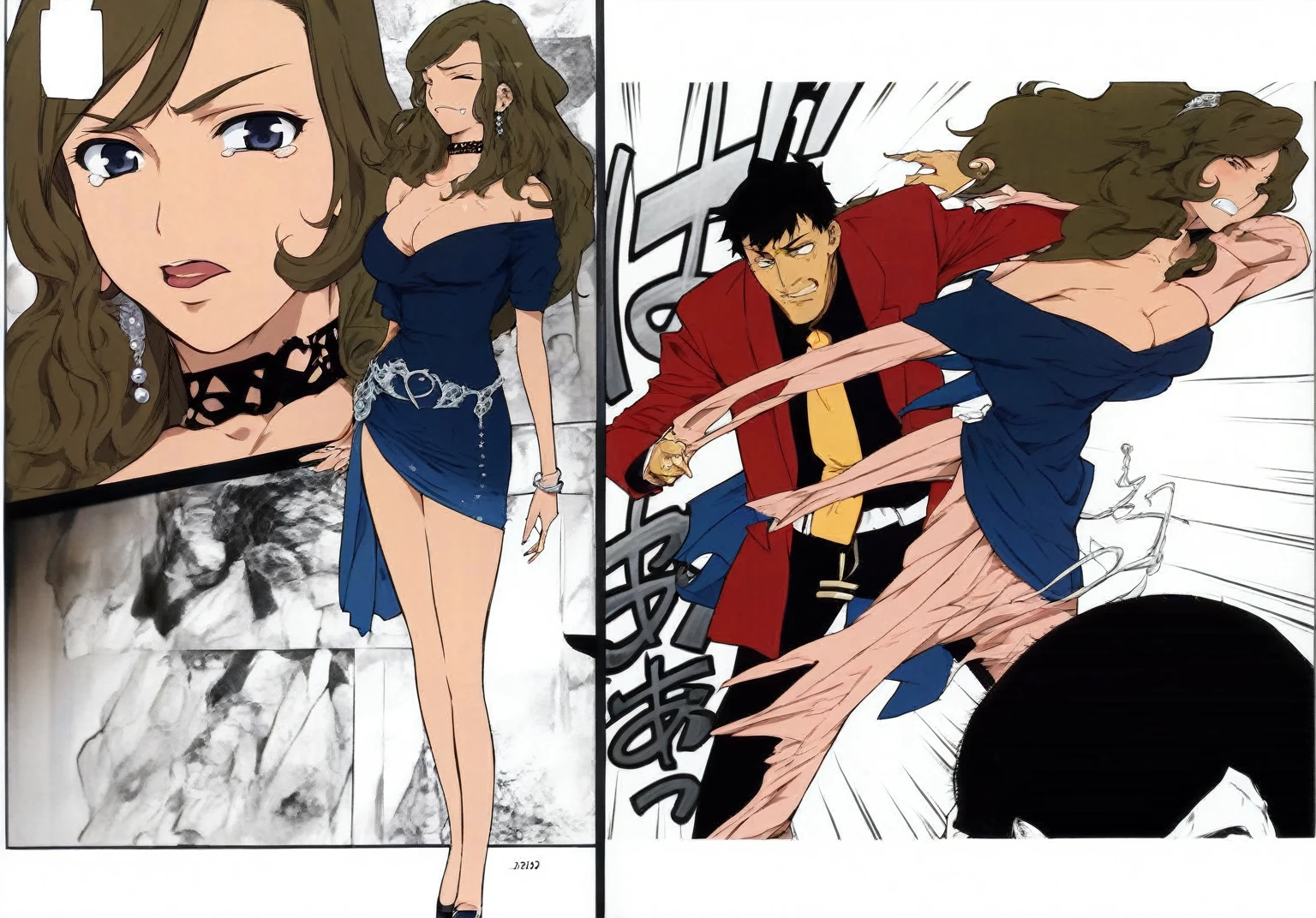 a fat woman in a dress tearing off her skin to reveal a handsome man in a suit and tie, miura kentaro style, in style of kentaro miura, coloured manga scan, kentaro miura art style, kentaro miura manga art style, full color manga visual style, digitally colored, highly detailed exquisite fanart, color spread, striking manga artstyle