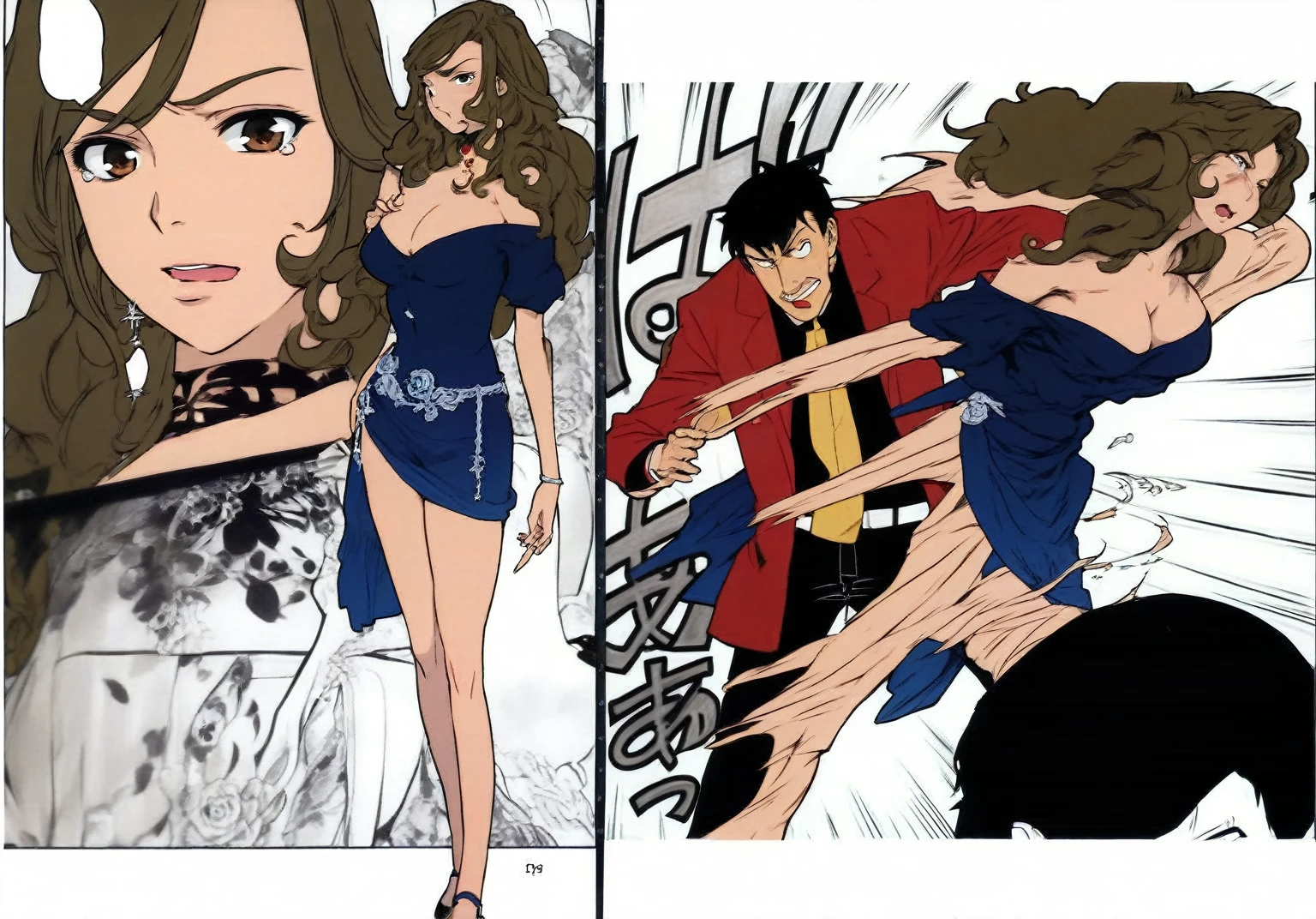 a fat woman in a dress tearing off her skin to reveal a handsome man in a suit and tie, miura kentaro style, in style of kentaro miura, coloured manga scan, kentaro miura art style, kentaro miura manga art style, full color manga visual style, digitally colored, highly detailed exquisite fanart, color spread, striking manga artstyle