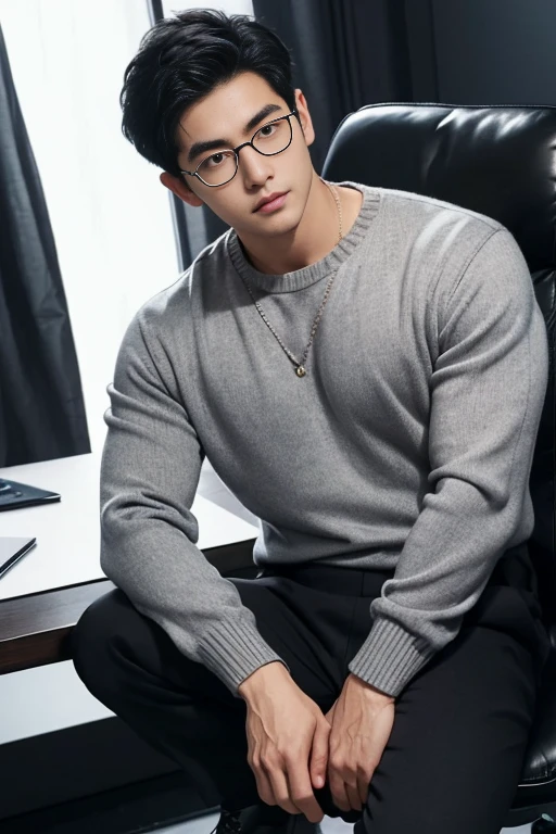 man, Asian, handsome, high, marked pectoral, short black hair side swept, with transparent lenses, wearing plain black sweater, gray dress pants, black dress socks, shiny black shoes, in his office, sitting on a black leather chair, with white light, He has a bulge between his open legs, playful look