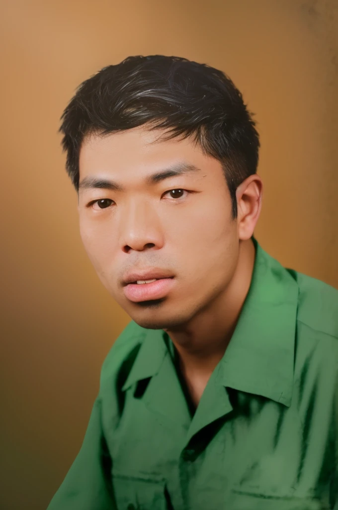 RAW photo of a 30 year old man, wearing a green Vietnamese army shirt, Asian, short black hair, real face, real skin, (photorealistic:1.4), (high detail soft skin:1.2 ), 8k uhd, dslr, soft light, high quality, grain film, Fujifilm XT