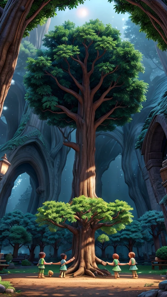 A majestic tree named "The Whisper" in the center of the village, with children playing around it, their imaginations alive with stories of fairies and heroes, HD, 4K, HIGH RESOLUTION