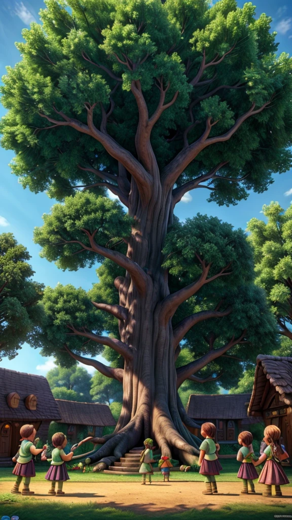 A majestic tree named "The Whisper" in the center of the village, with children playing around it, their imaginations alive with stories of fairies and heroes, HD, 4K, HIGH RESOLUTION