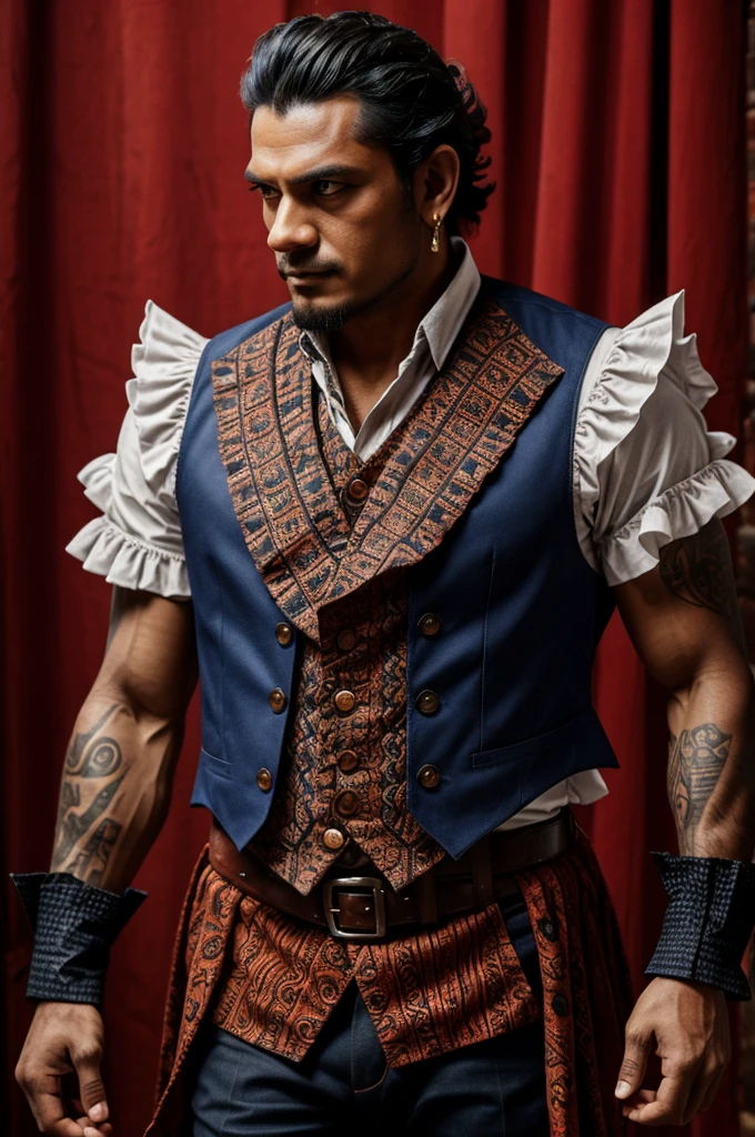 Male Frilled lizard demon humanoid, multiple eyes along the Frill flap, Aztec Button down shirt and vest, in the style of Helluva Boss