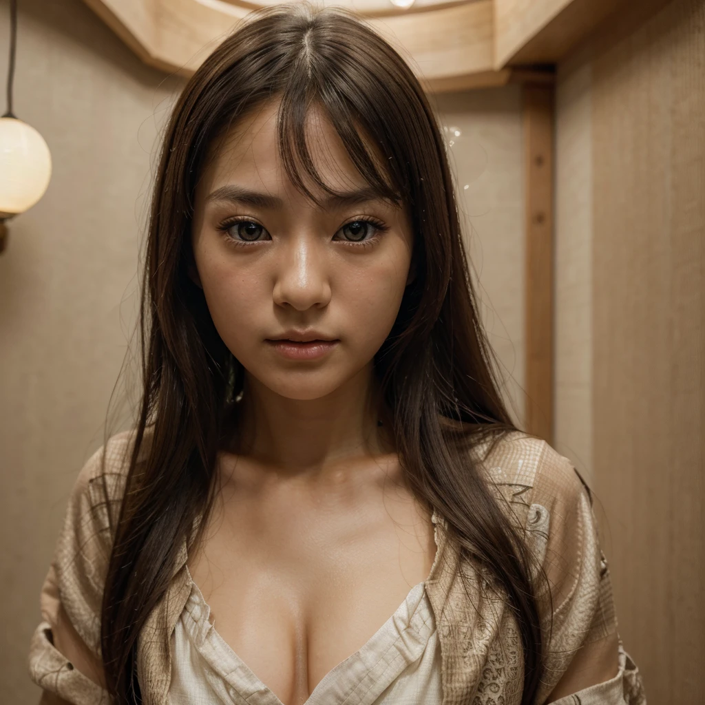 best quality, face focus, soft light, ultra high res, (photorealistic:1.4), RAW photo,
1japanese girl, solo, cute, (pupil, lights in the eyes),  detailed beautiful face, (small chest),(high resolution detail of human skin texture),
(long hair),
indoor,
Damask Shirt Dress,
(portrait)