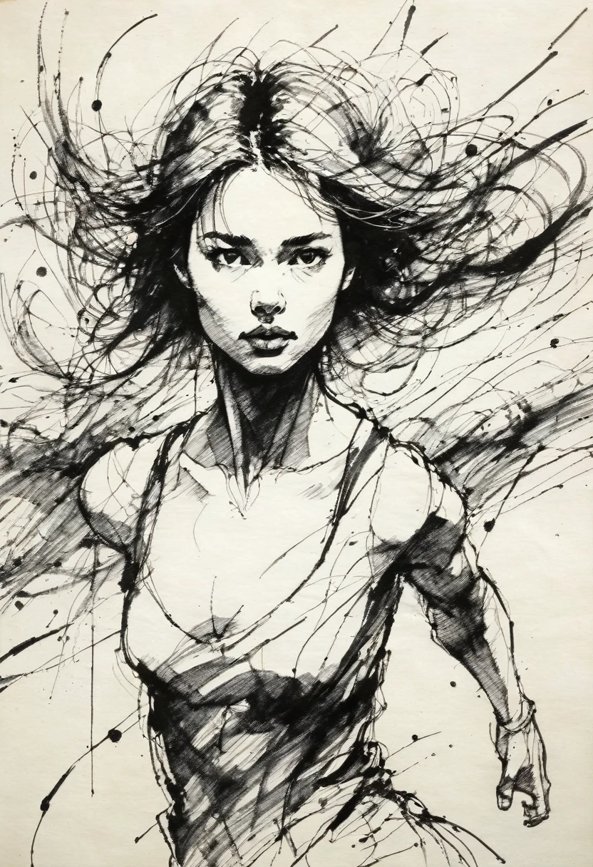 (best quality, highres, masterpiece:1.2), ultra-detailed, realistic:1.37, black ink sketches, smooth lines, expressive facial expressions and postures, minimalistic background, emphasis on light and shadow and spatial perception, abundant negative space, young girl.