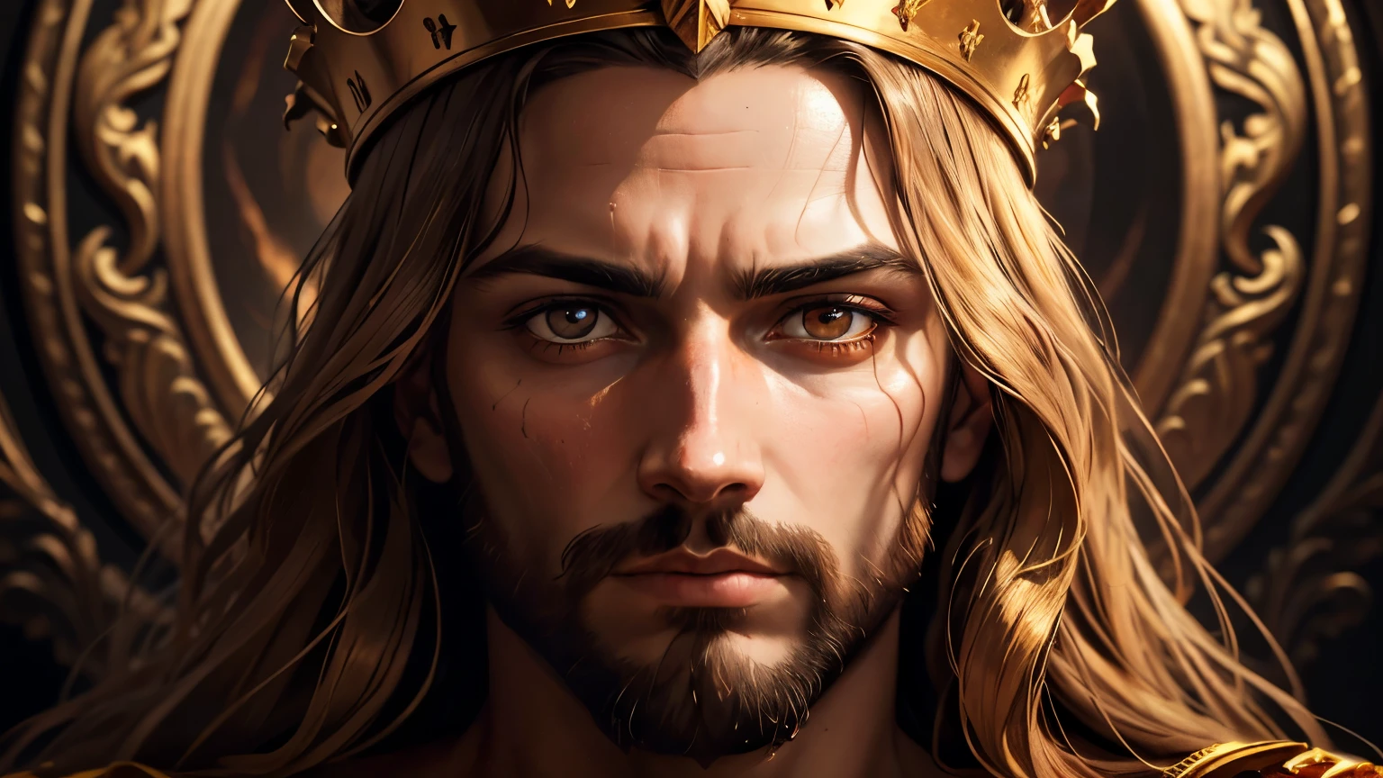 a portrait of jesus christ with a golden crown, his eyes are red as blood, detailed face, photorealistic, dramatic lighting, cinematic composition, intricate details, oil painting, baroque style, chiaroscuro, rich colors, dramatic atmosphere, powerful presence, awe-inspiring, masterpiece