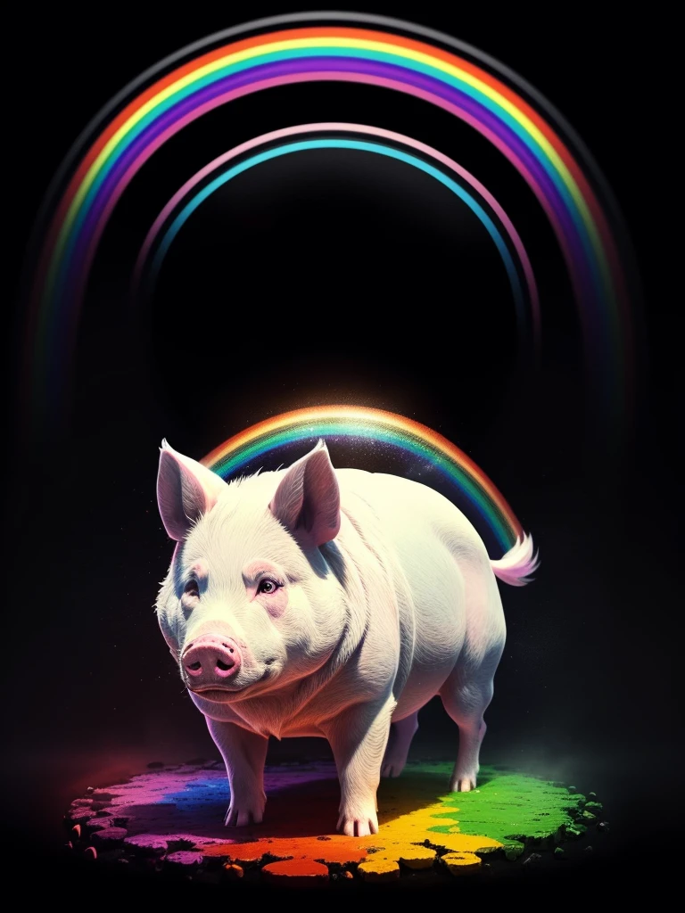 White pig head painting on black background,The rainbow surrounds the wolf's head to form different structures， breath-taking rendering, Magical rainbow elements,Splendid round rainbow composition，circular composition，Solo
