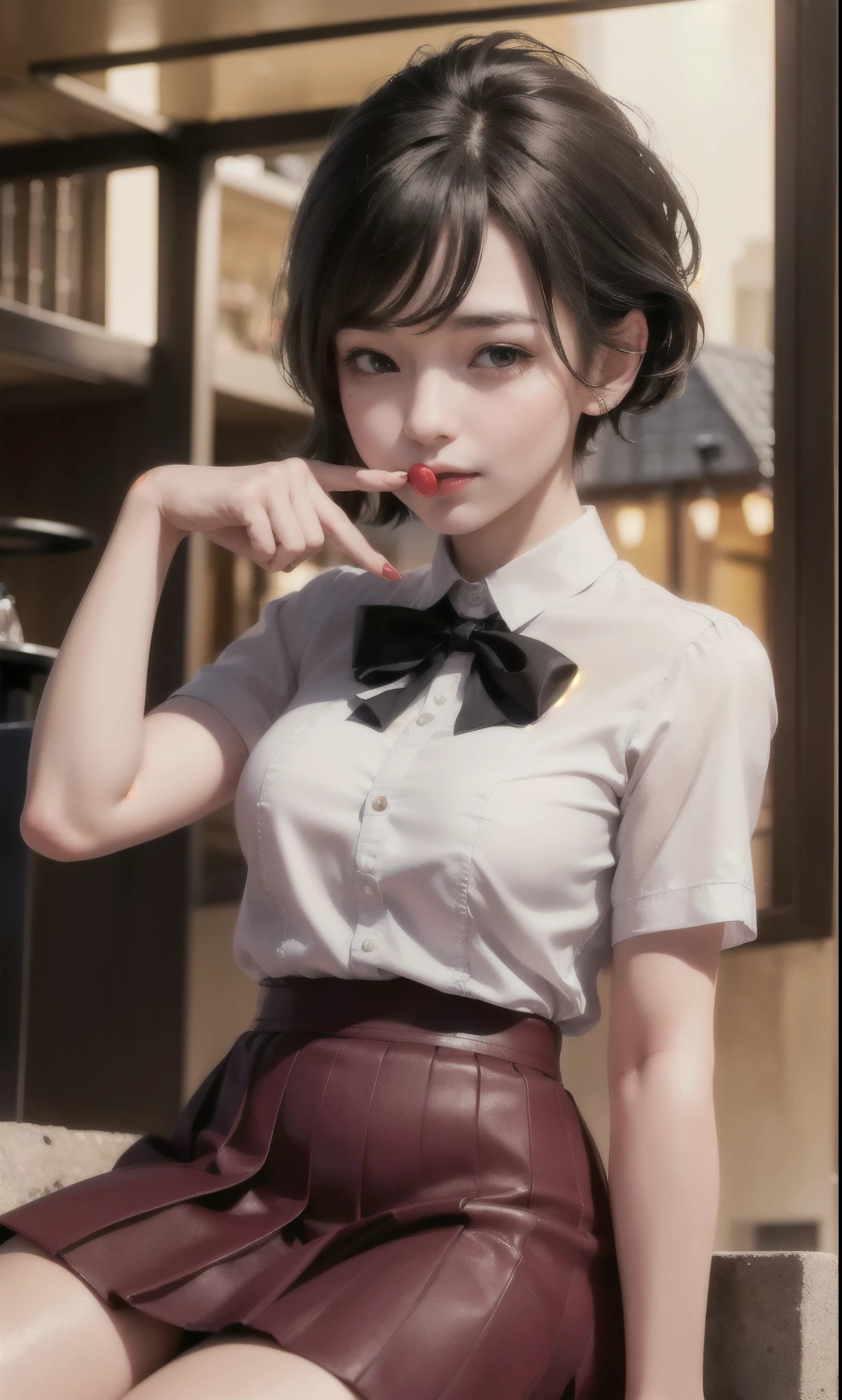 (8K, Highest quality, masterpiece:1.2), (SFW:1.3), (Realistic, photo-Realistic:1.37), Super detailed, 1 Girl,cute, alone,Beautifully detailed skies,Detailed Cafe,night,Sitting,Date,(Red nose),(smile:1.1),(Mouth closed) Medium chest,Beautiful attention to detail,(Collared shirt:1.1), bow tie,Pleated skirt,(short hair:1.2),Floating Hair