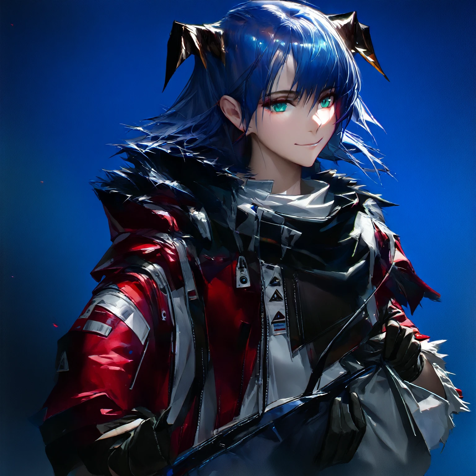 (woman), ((Mostima from arknights)), masterpiece, best quality, blue hair, ((short hair)), horns, plain white shirt, red fullbody coat, dark blue eyes, realistic anime style, smile, ((portrait)), black gloves, carring a bag.
