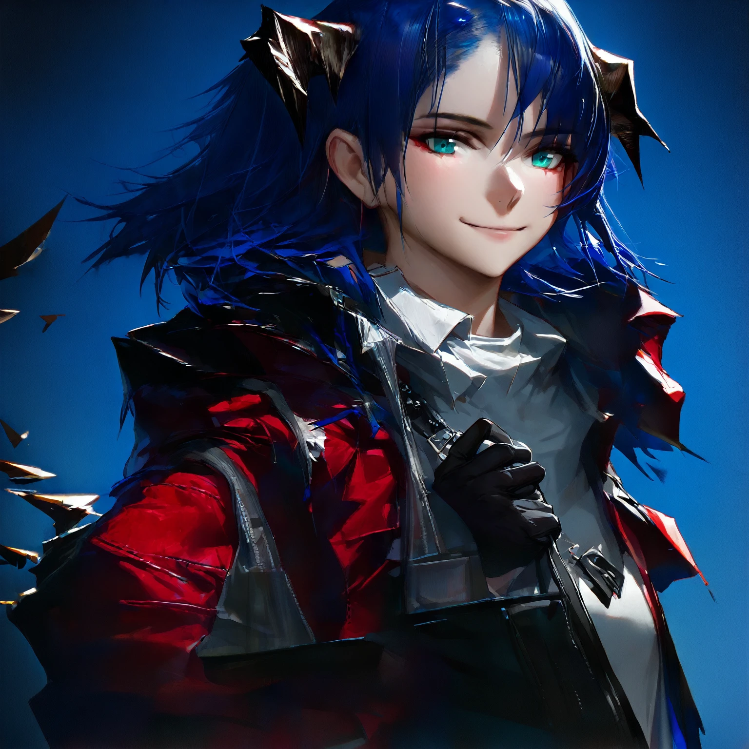 (woman), ((Mostima from arknights)), masterpiece, best quality, blue hair, ((short hair)), horns, plain white shirt, red fullbody coat, dark blue eyes, realistic anime style, smile, ((portrait)), black gloves, carring a bag.