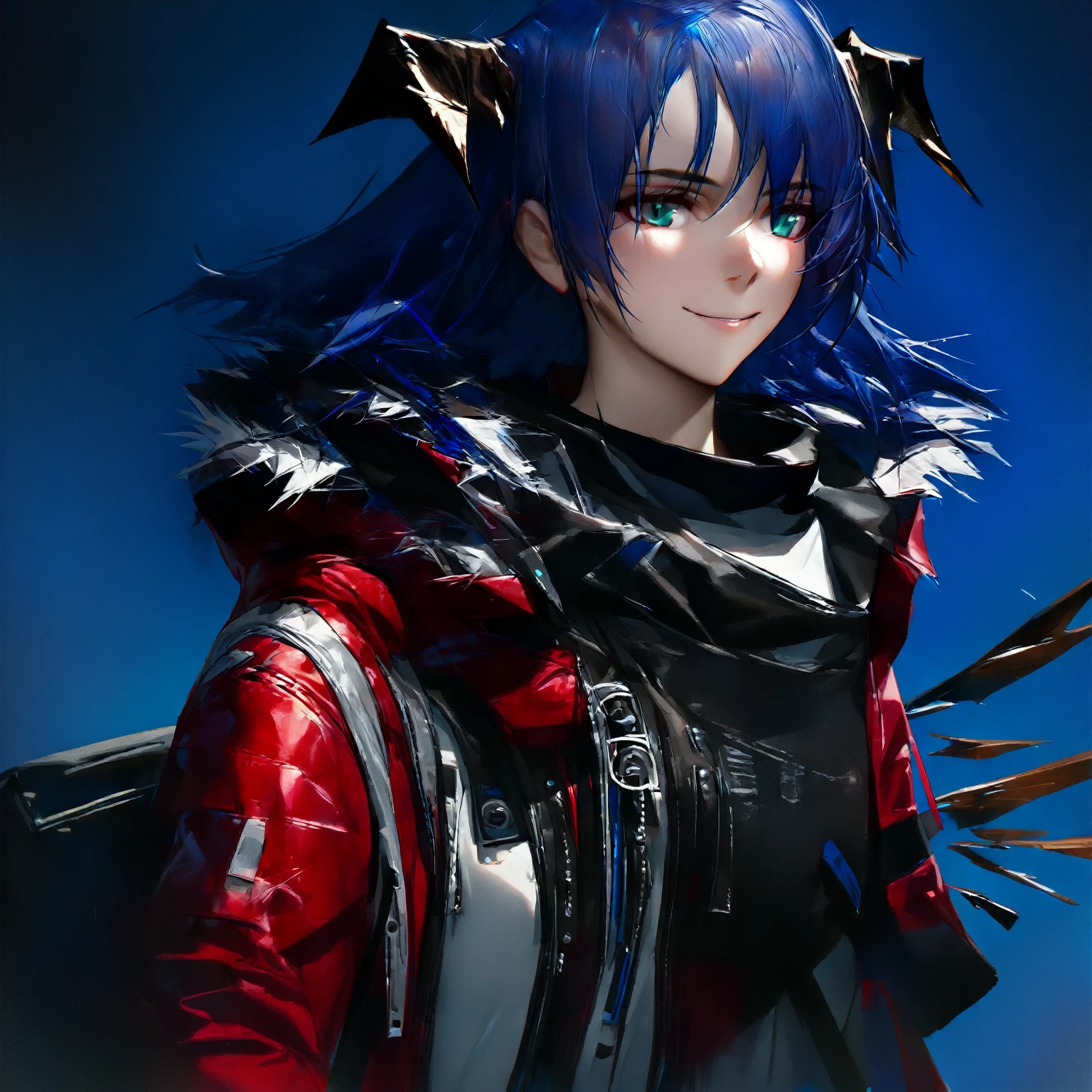 (woman), ((Mostima from arknights)), masterpiece, best quality, blue hair, ((short hair)), horns, plain white shirt, red fullbody coat, dark blue eyes, realistic anime style, smile, ((portrait)), black gloves, carring a bag.