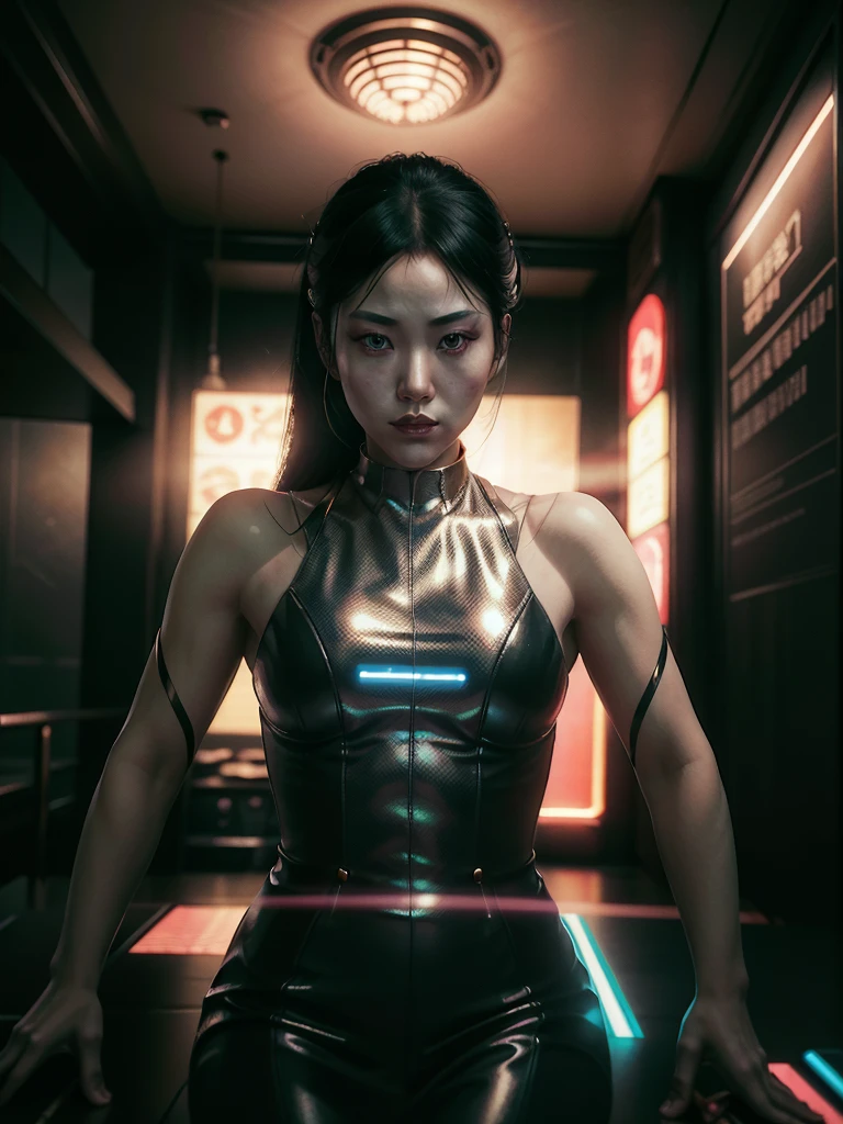 A cyberpunk Japanese woman, Hanako Arasaka, serious elegant expression, long black hair, authoritative presence, futuristic environment, neon lights, holograms, 8k, photorealistic, ultra-detailed, high quality, masterpiece, cinematic lighting, intricate details, dramatic pose, atmospheric, dystopian, hyper-realistic, vibrant colors, chiaroscuro, dramatic shadows