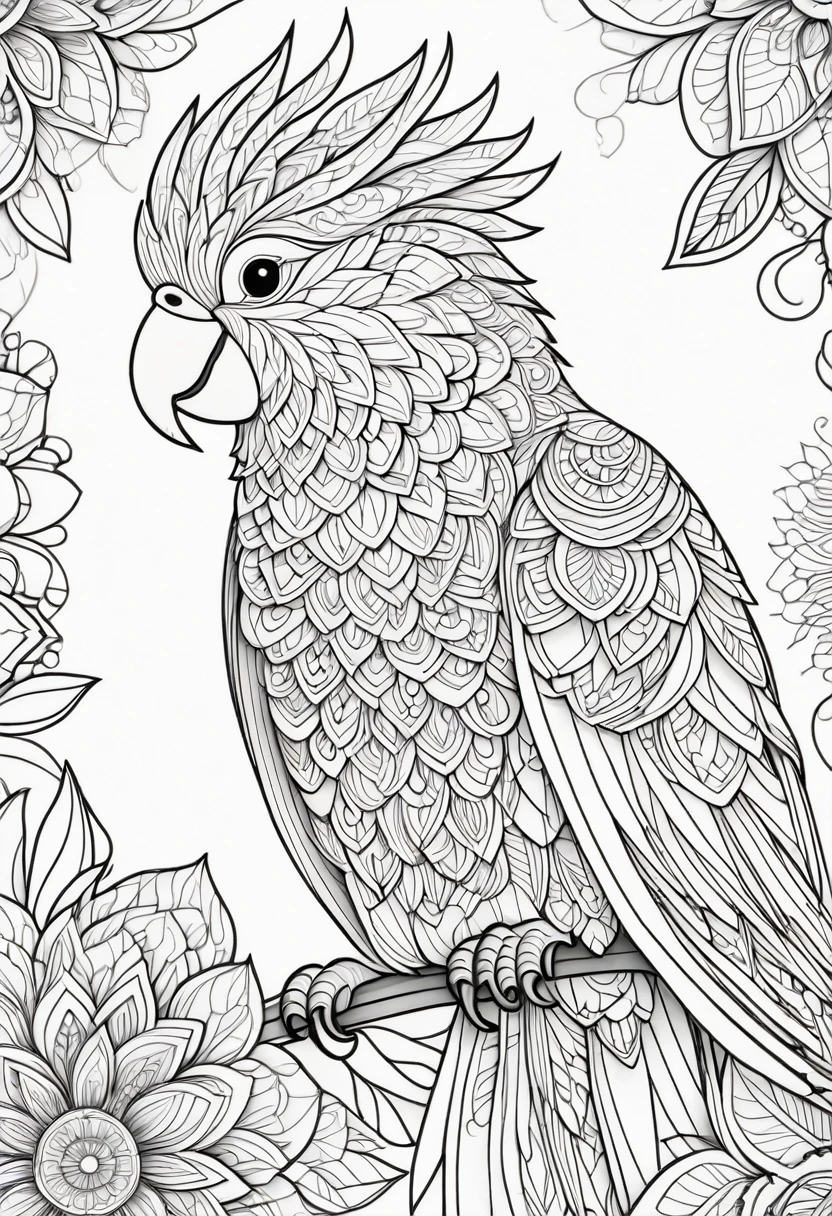 A striking black and white line art coloring page designed for adults with white background, featuring a majestic Cockatoo Parrot in a mandala-inspired style. The Cockatoo Parrot is adorned with intricate patterns that include floral and geometric designs, making it an engaging and detailed work of art. The illustration focuses on crisp, clean lines and bold outlines, without any shading or color, allowing the user to bring their own vibrancy to the piece. The minimalistic design, with its thick lines and absence of background details, creates a soothing coloring experience for adults seeking calming and creative activities. illustration