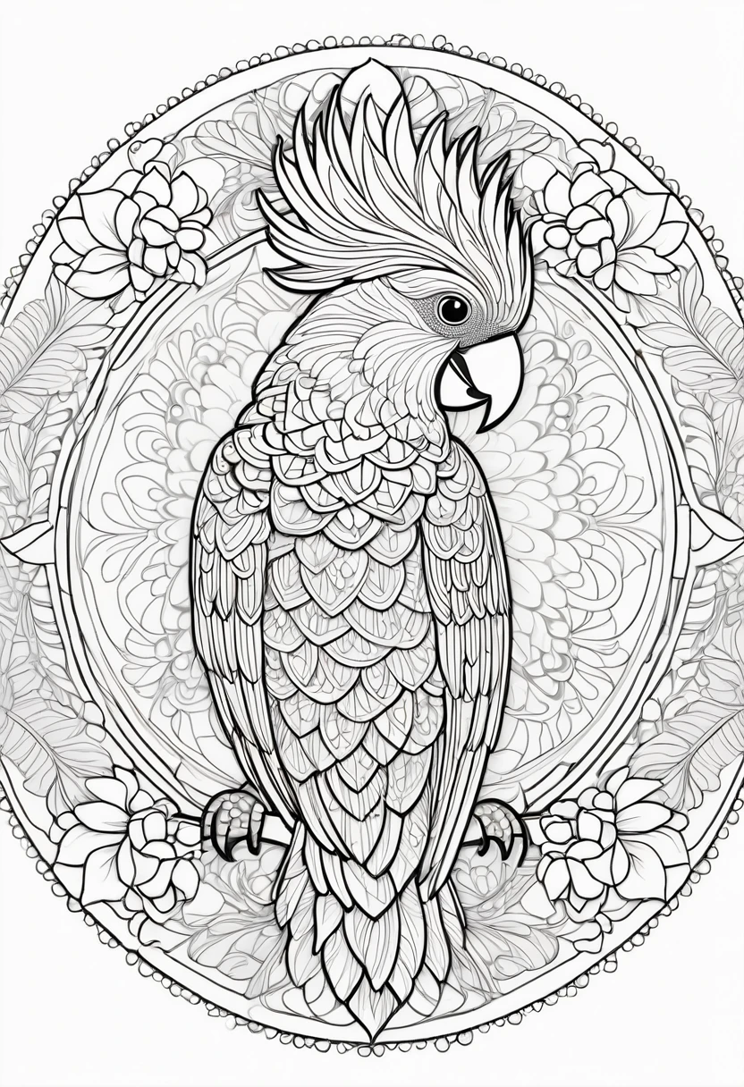 A striking black and white line art coloring page designed for adults with white background, featuring a majestic Cockatoo Parrot in a mandala-inspired style. The Cockatoo Parrot is adorned with intricate patterns that include floral and geometric designs, making it an engaging and detailed work of art. The illustration focuses on crisp, clean lines and bold outlines, without any shading or color, allowing the user to bring their own vibrancy to the piece. The minimalistic design, with its thick lines and absence of background details, creates a soothing coloring experience for adults seeking calming and creative activities. illustration