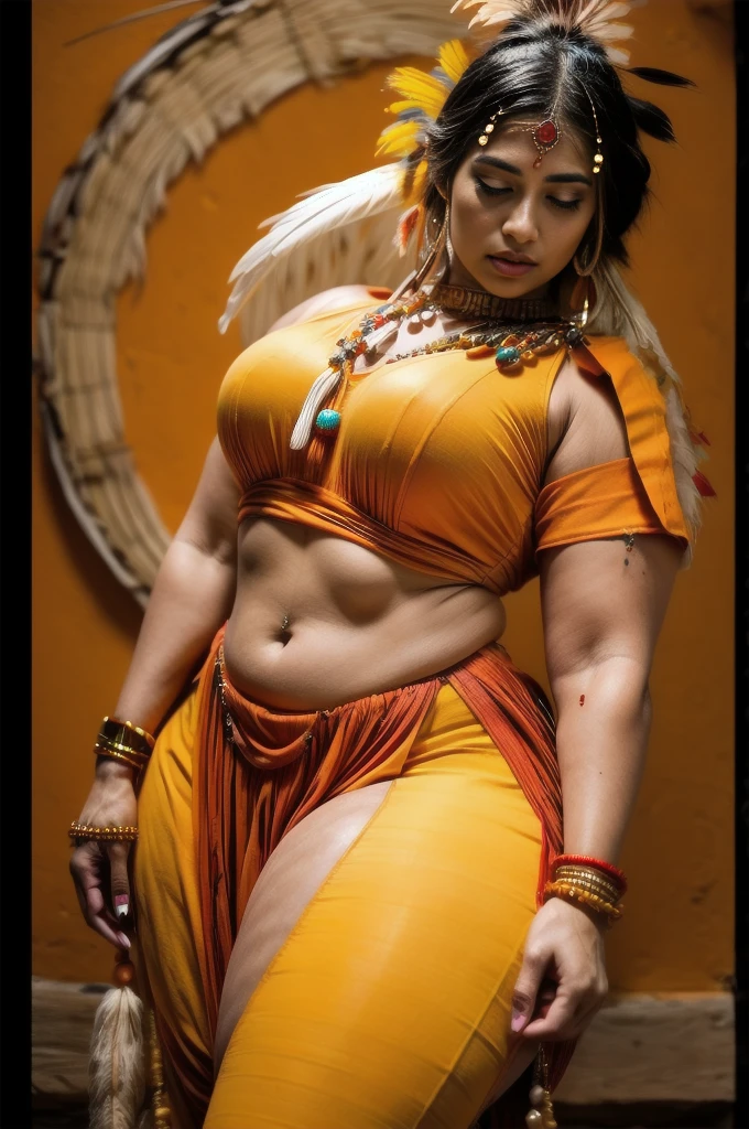 Beautiful Apache Indian woman with beautiful terracotta colored headdresses, black, gold, cobre, Pearl, white and beige, feathers made of bright neon of various colors, flares on camera, bokeh, full moon night

