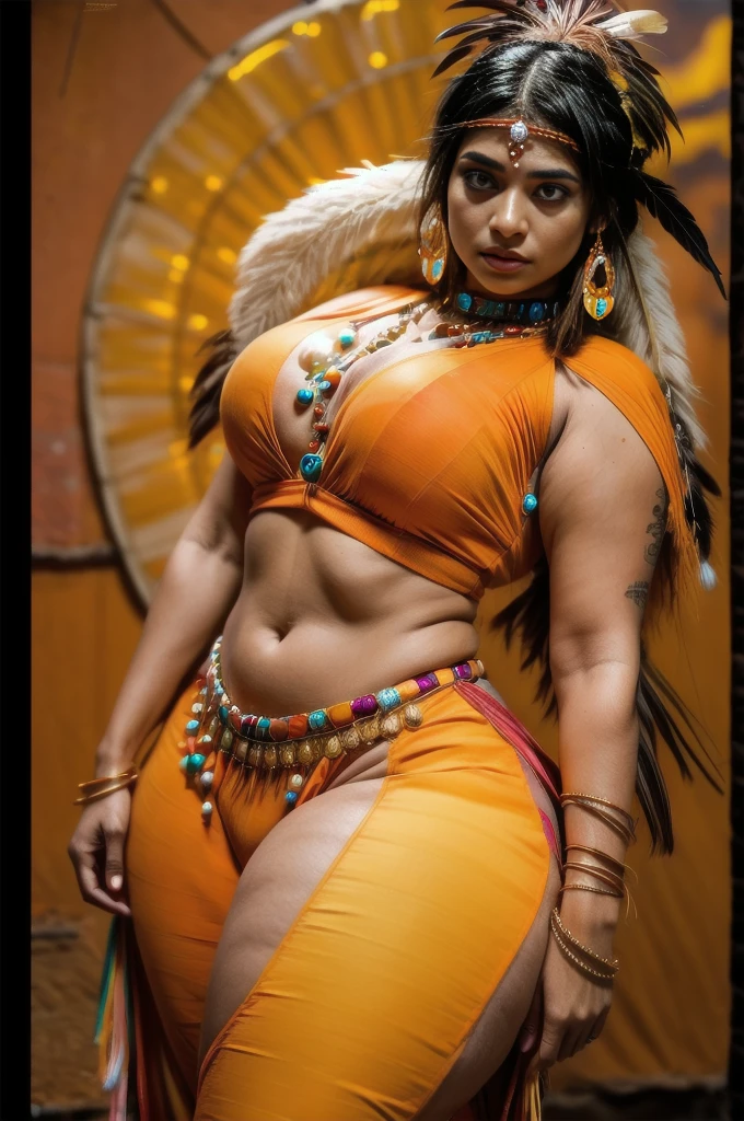 Beautiful Apache Indian woman with beautiful terracotta colored headdresses, black, gold, cobre, Pearl, white and beige, feathers made of bright neon of various colors, flares on camera, bokeh, full moon night
