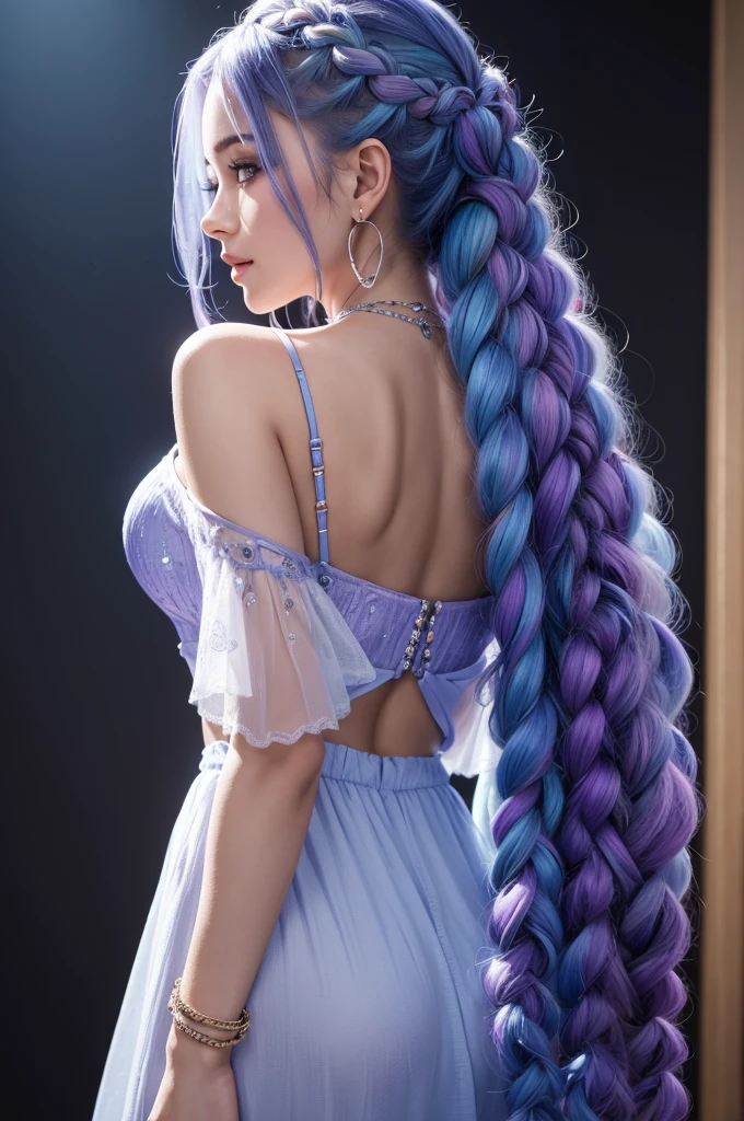 (Best quality at best,4K,8k,A high resolution,Masterpiece artwork:1.2),ultra detali,real,realistically:1.37,beautiful woman , with braided braids, with blue loose hair, lilac and blue outfit, several bracelet. A detailed eye,sorriso detalhado,Detailed back details,holografia,Clear and simple background