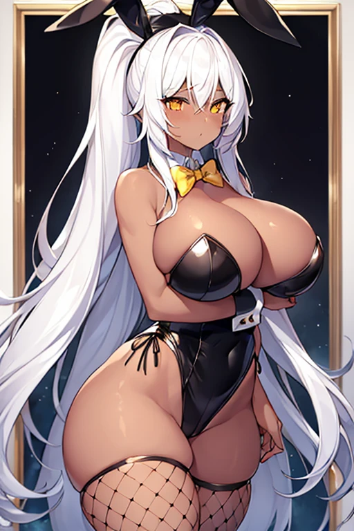 1girl, white hair, long hair, dark-skinned female, dark skin, yellow eyes, breasts, huge breasts, bowtie, wide hips, thick thighs, fishnets, bunnysuit, leotard, white bunnysuit, shy, timid, wavy mouth, ponytail, yellow trim, fishnets, fishnet legwear, gold trim