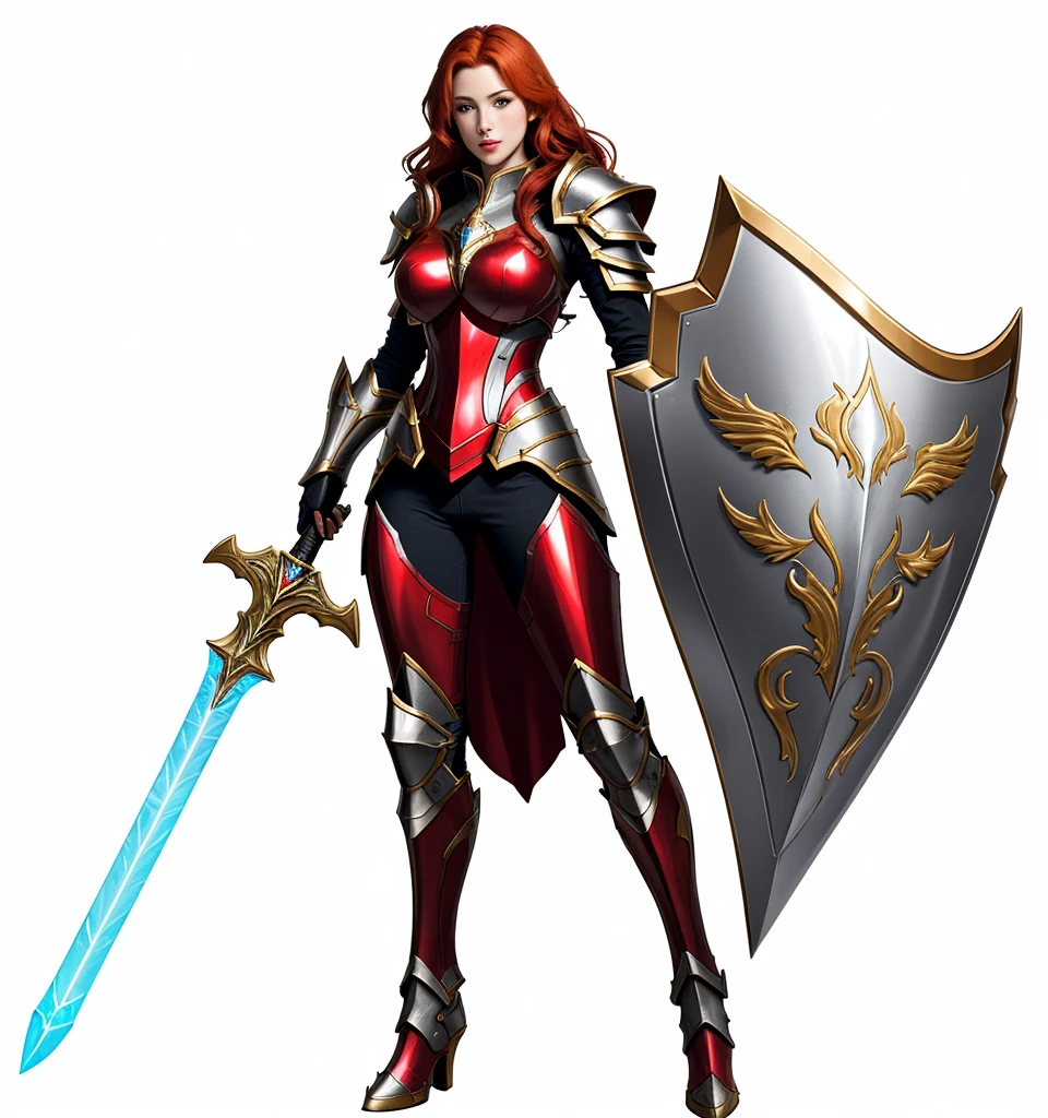 paladin, female, full armor, white armor, sexy, pretty face face, glowing armor, wonderfull, looks like "leona" from "league of legends", full body, Meilleure qualité, 1fille, seulement, gros seins, clivage, rideaux de poitrine, glowing sword, red and gold shield color, red and silver armor, ginger hair color, fin lips, corps parfait, 