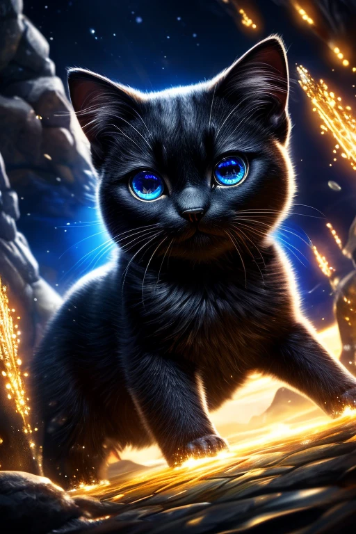 (Highest quality、masterpiece、8k))、Anatomically correct、Very detailed、High resolution、Realistic、((Beautiful, sparkling, detailed eyes))、Intricate details、Cinematic lighting、((Dynamic composition))、Cute black kitten、Beautiful island、heaven、Welcoming black kitten、tuxedo